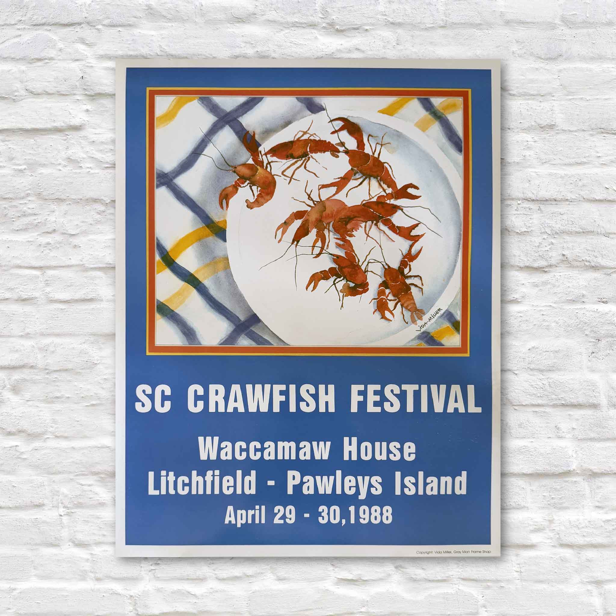 Vintage 1988 S.C. Crawfish Festival poster featuring artwork by Pawleys Island artist Vida Miller with bright red crawfish illustration and coastal colors celebrating the historic Pawleys Island festival