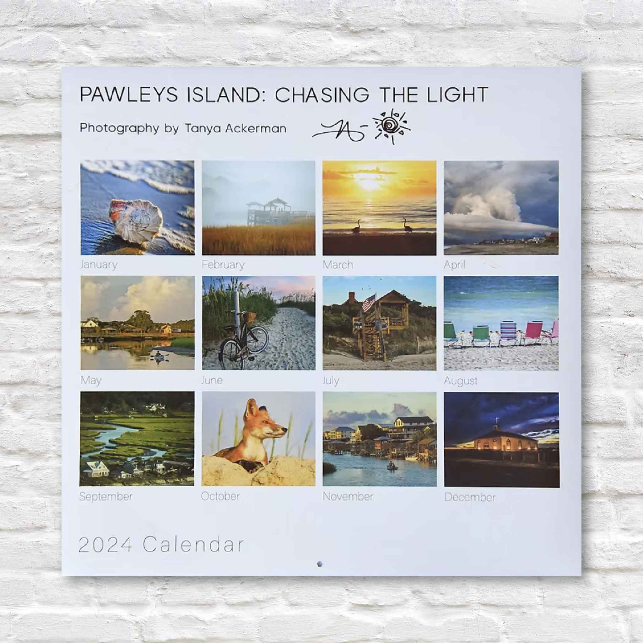 Back view of the 2024 Pawleys Island photography calendar by local artist Tanya Ackerman showing all monthly images, available at Gray Man Gallery.