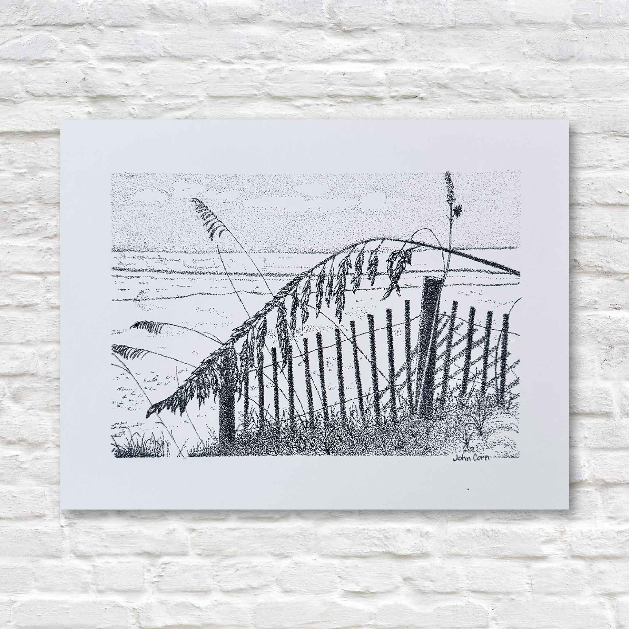 detailed black-and-white illustration, a classic Pawleys Island view: sea oats bending in the breeze
