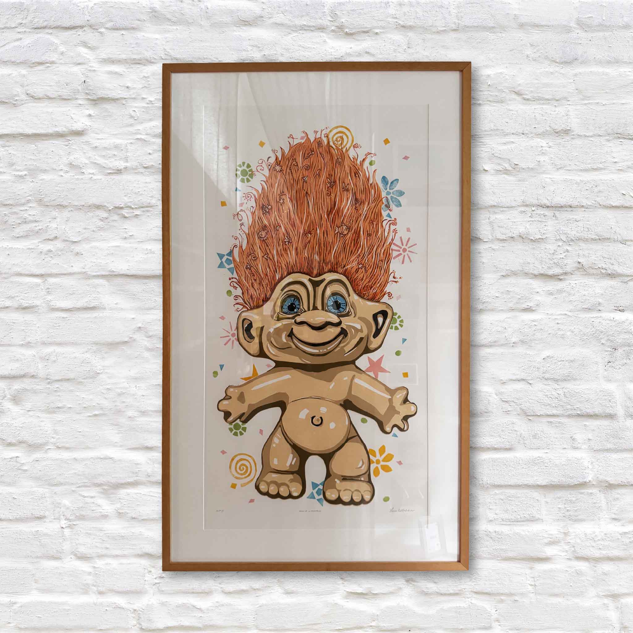 fun troll doll art 90s art linocut