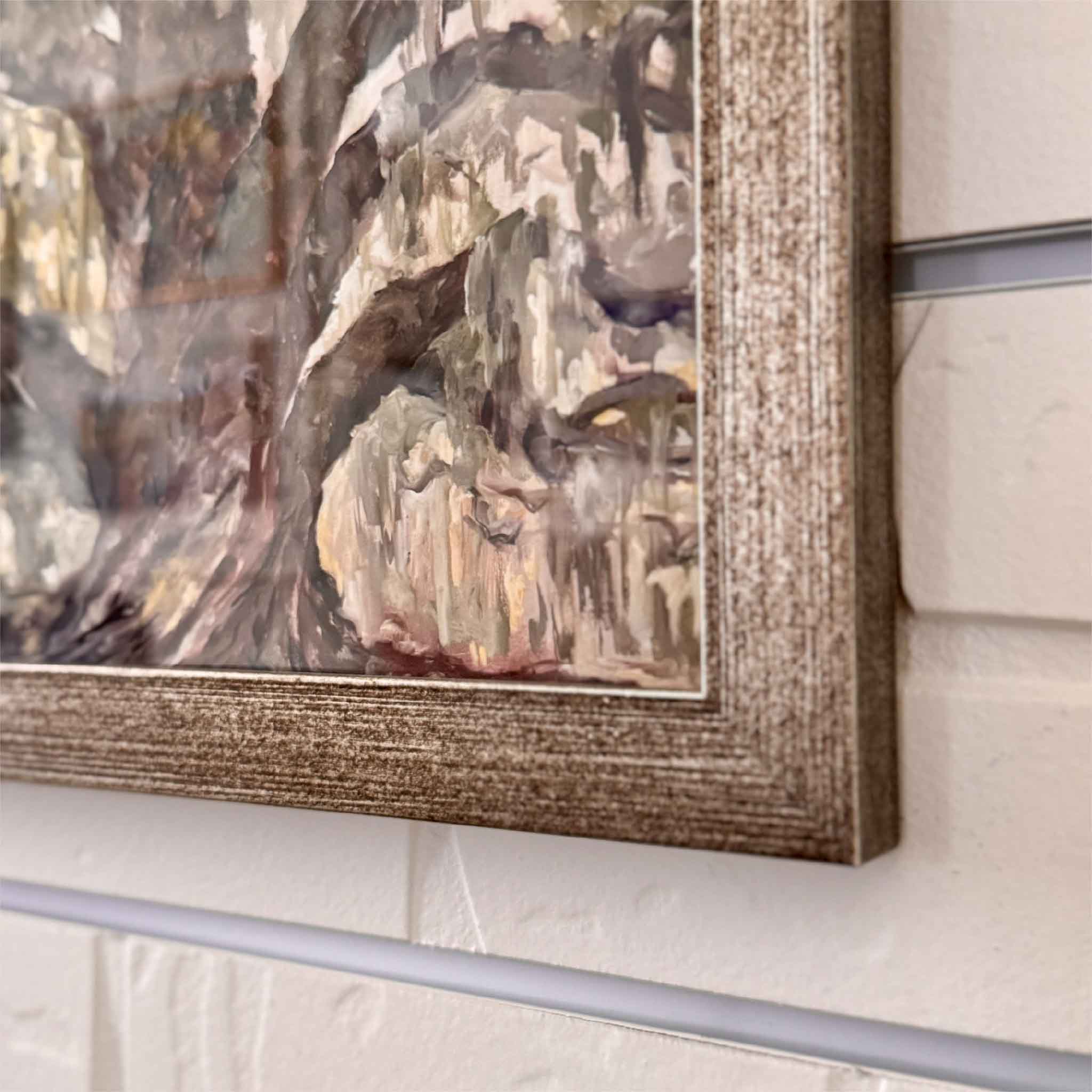 Framed giclée print Deep Roots by Jeanne O’Neal featuring a Southern live oak tree with Spanish moss, Lowcountry landscape from the Among the Trees collection at Gray Man Gallery Pawleys Island SC