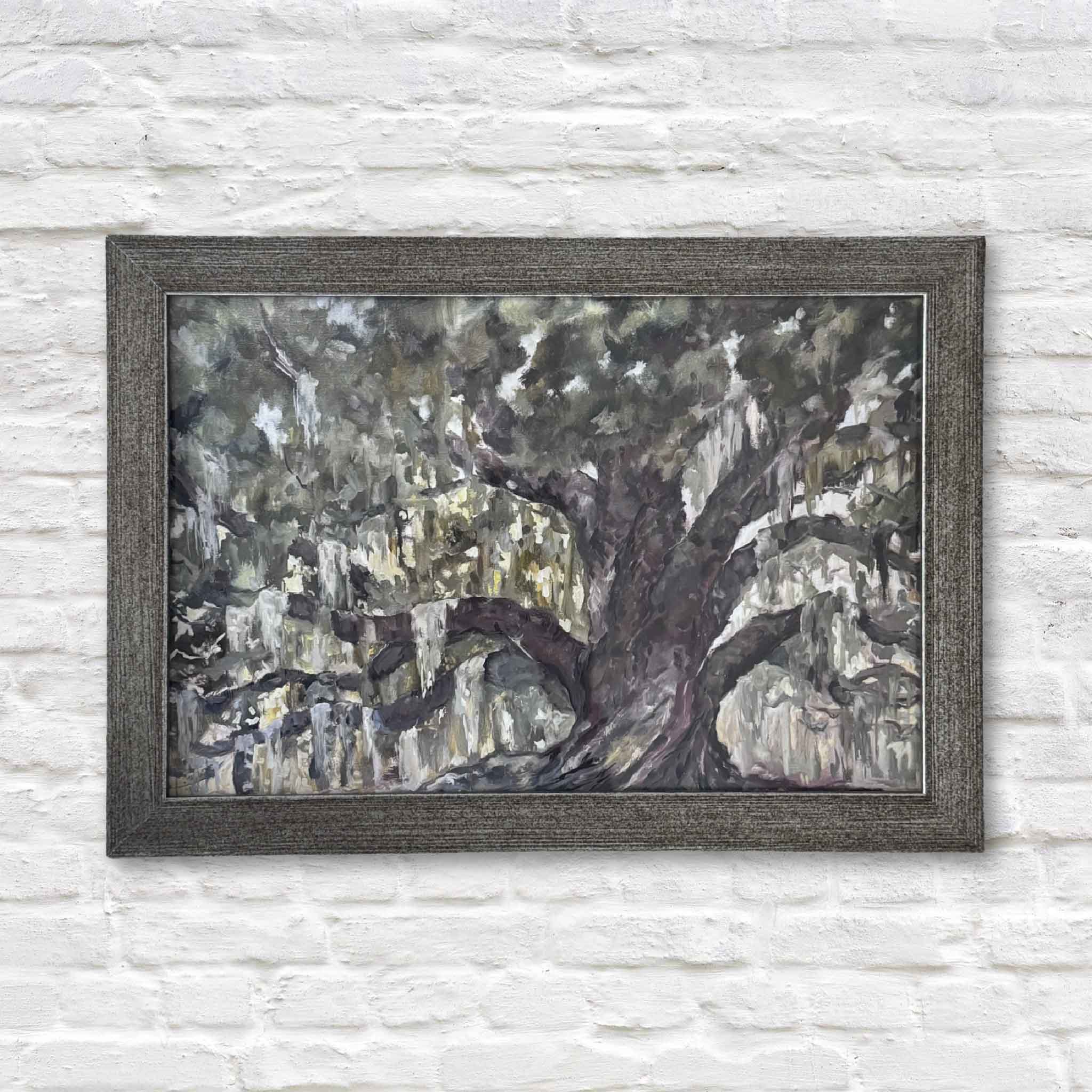Framed giclée print Deep Roots by Jeanne O’Neal featuring a Southern live oak tree with Spanish moss, Lowcountry landscape from the Among the Trees collection at Gray Man Gallery Pawleys Island SC