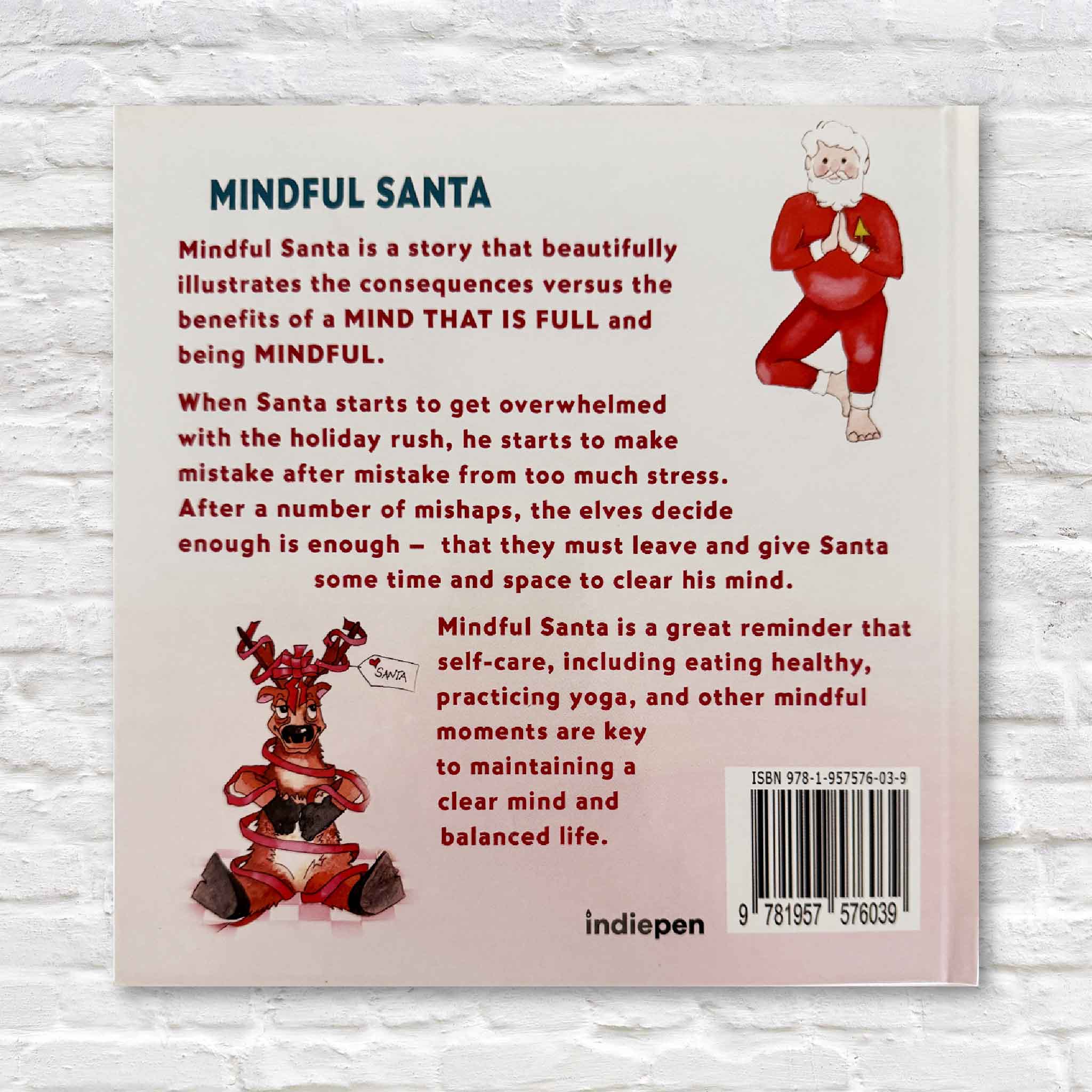 Bookback of 'Mindful Santa' with text and illustrations on a light gray background