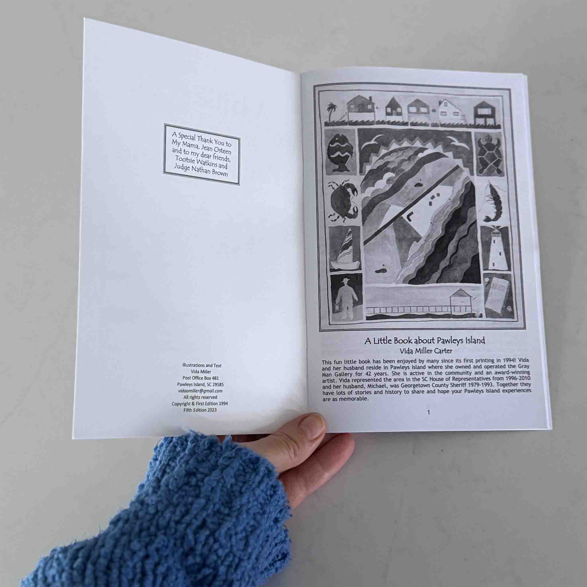 Open book held by a hand with blue sleeve on a gray background