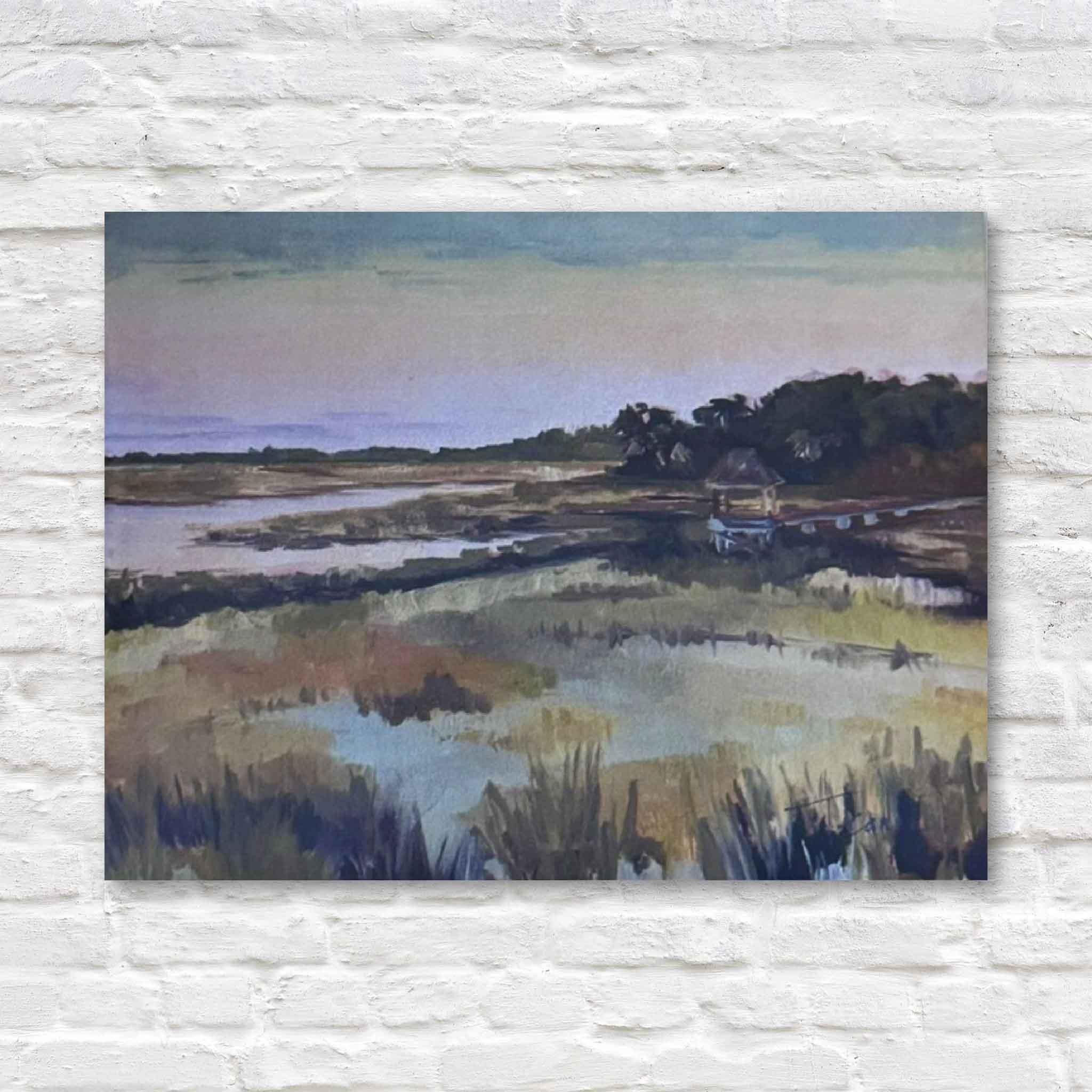 Painting of a landscape with a house and water on a white brick wall.