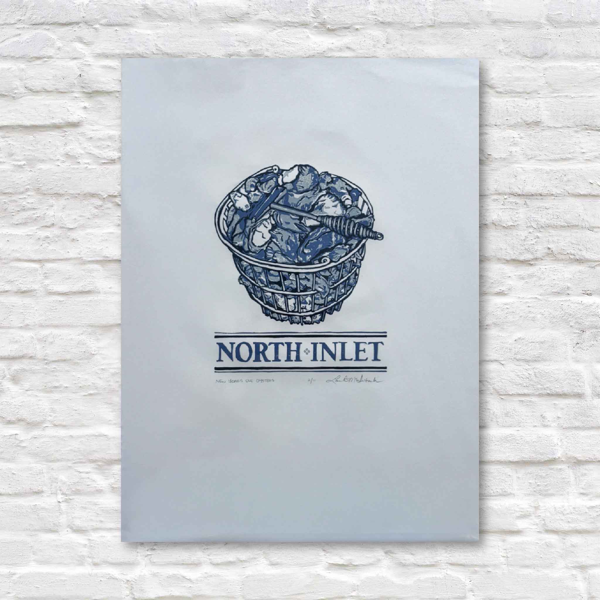 Poster with a blue illustration of a basket of oysters on cotton paper, featuring the text 'North Inlet'.