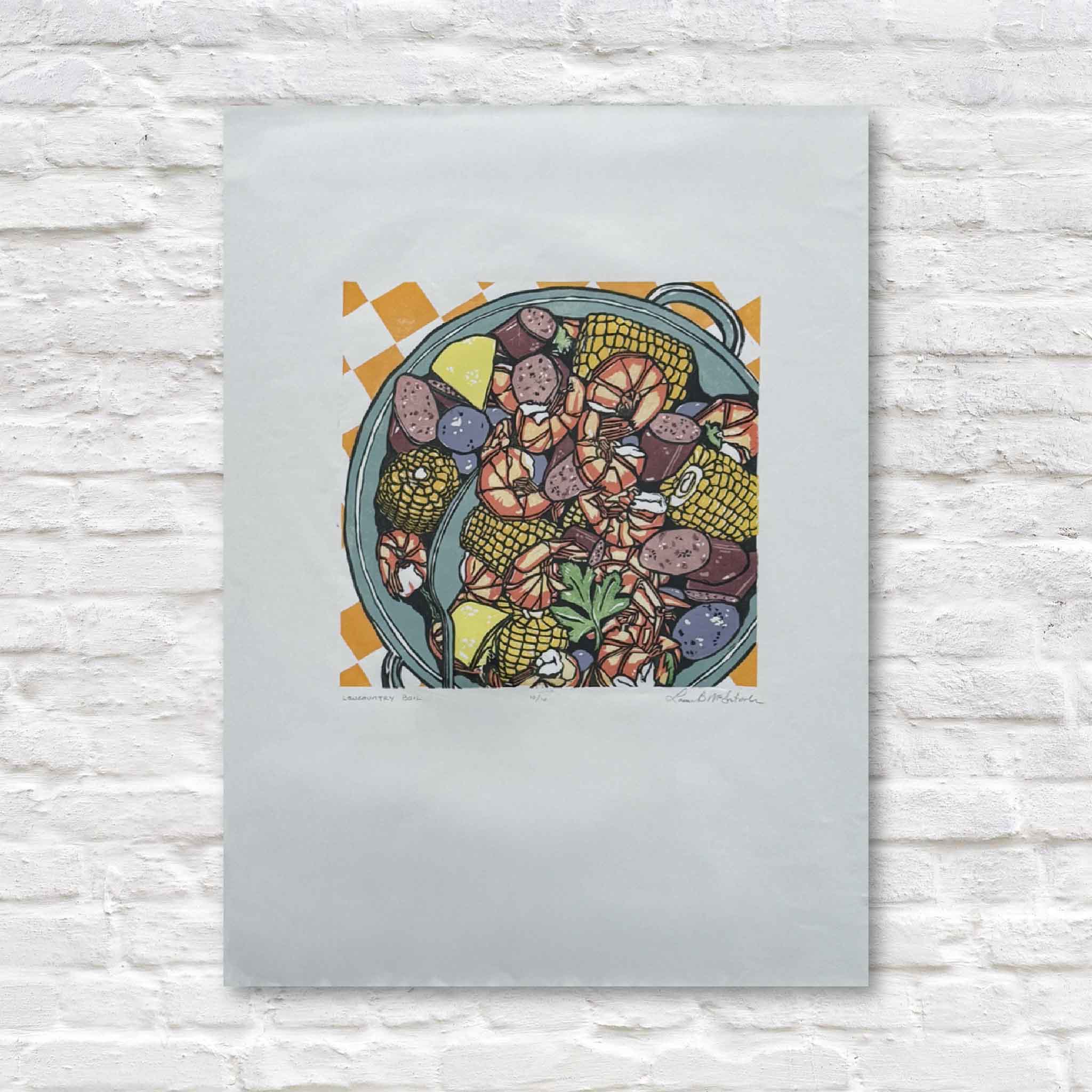 Colorful illustration of a lowcountry boil by Laurie McIntosh