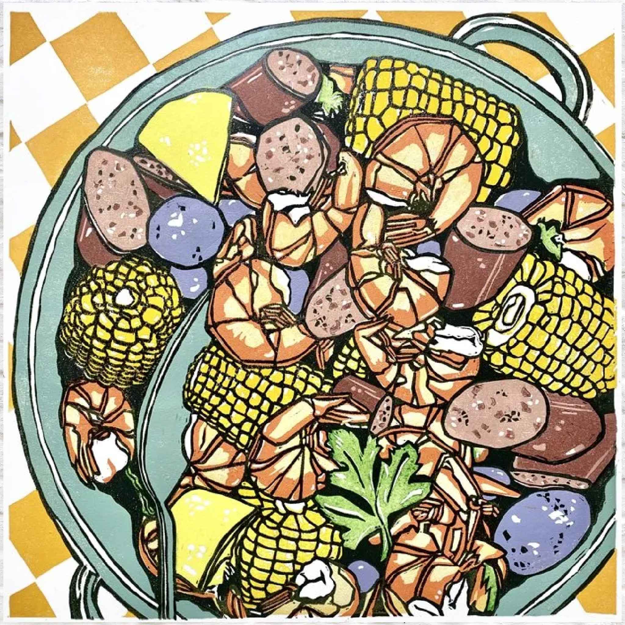 Laurie McIntosh’s Lowcountry Boil brings the beloved Southern tradition to life in vibrant linocut form. Piled high with shrimp, sausage, corn, and potatoes, this colorful print captures all the messy joy of a backyard boil