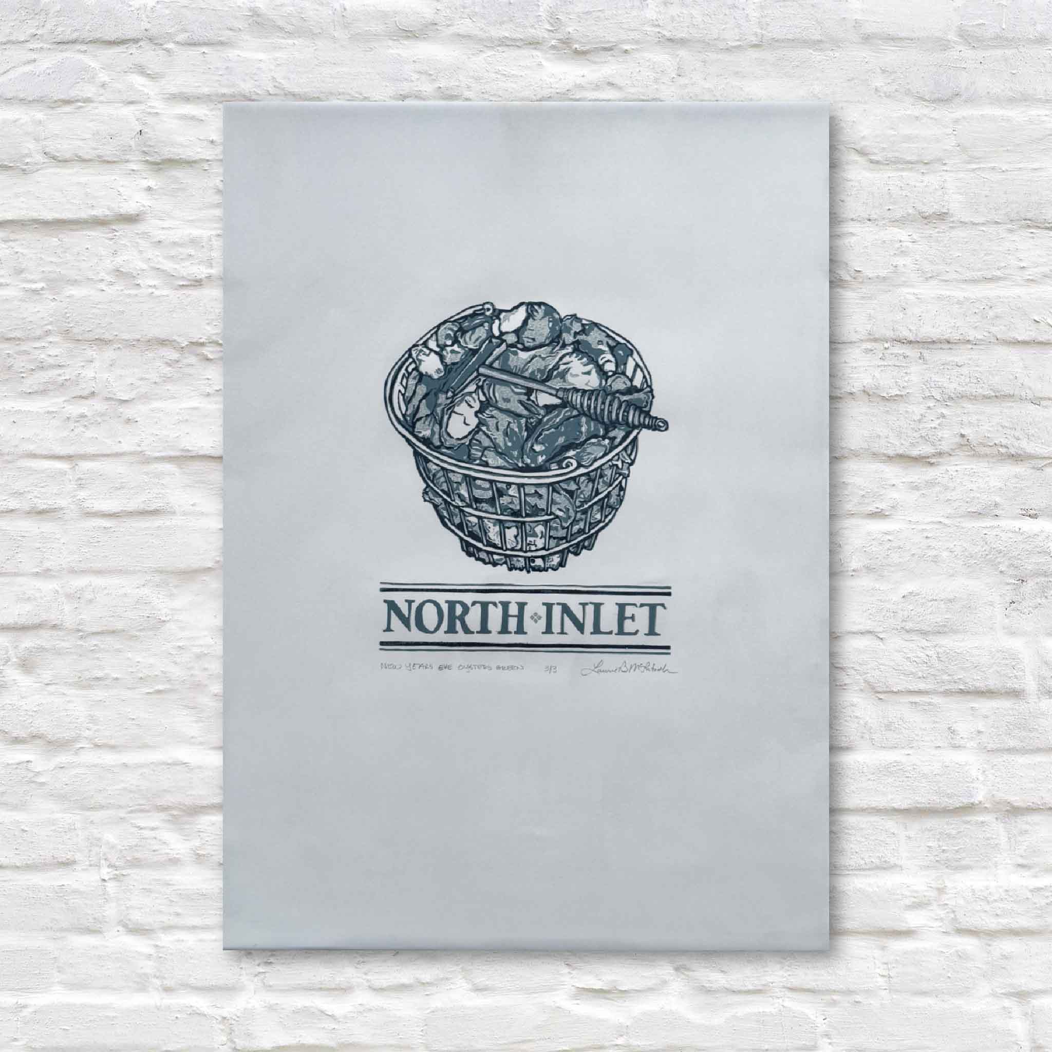 linocut artwork with a basket of oysters and 'North Inlet' text on a white brick background