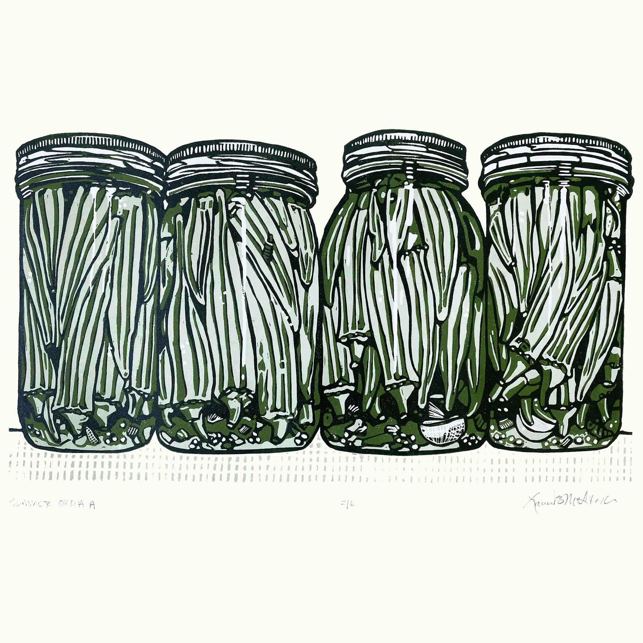 This original linocut print by Laurie McIntosh features four perfectly packed mason jars lined up in crisp graphic detail—each one brimming with hand-cut okra and nostalgia. linocut art