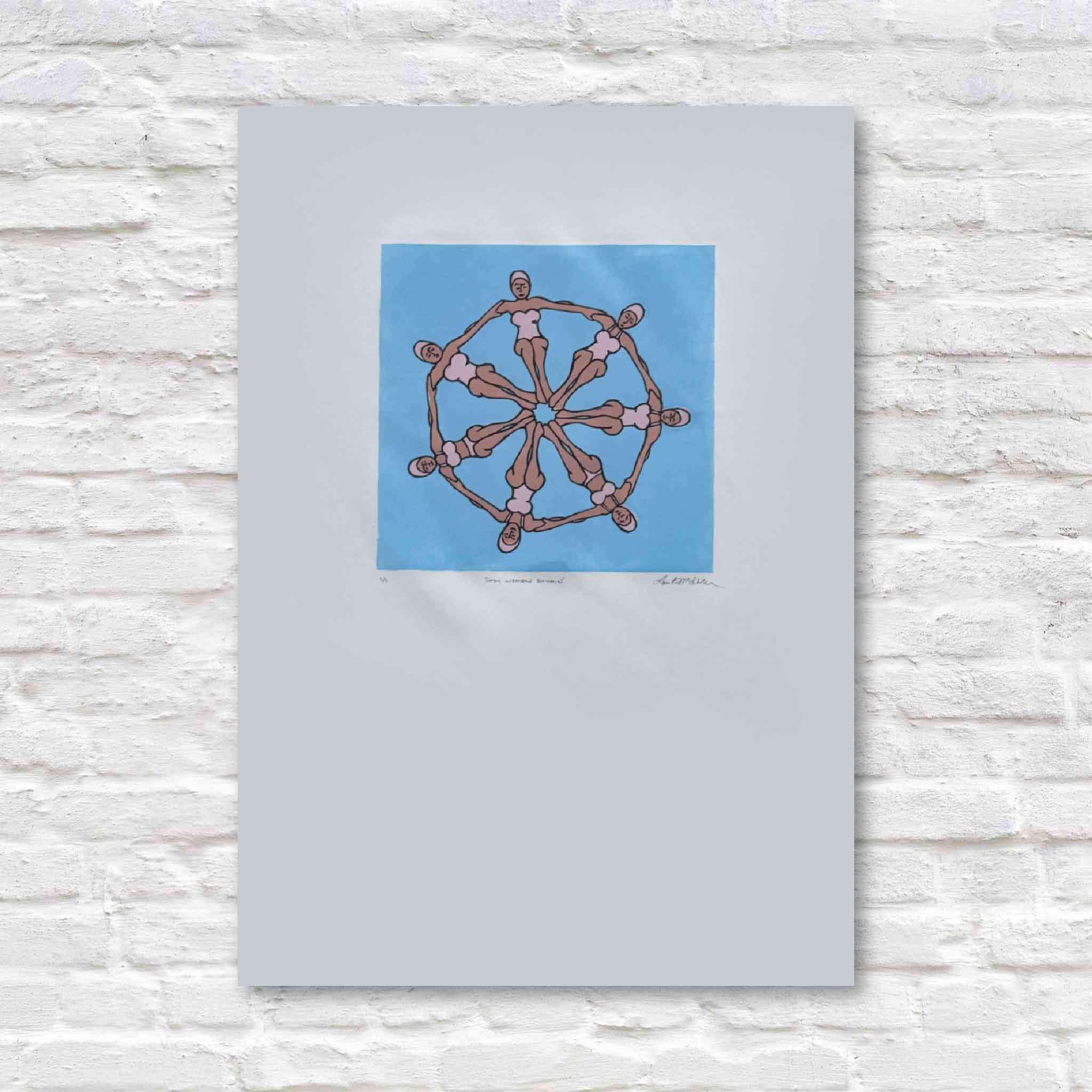 linocut artwork  with women synchronized swimming