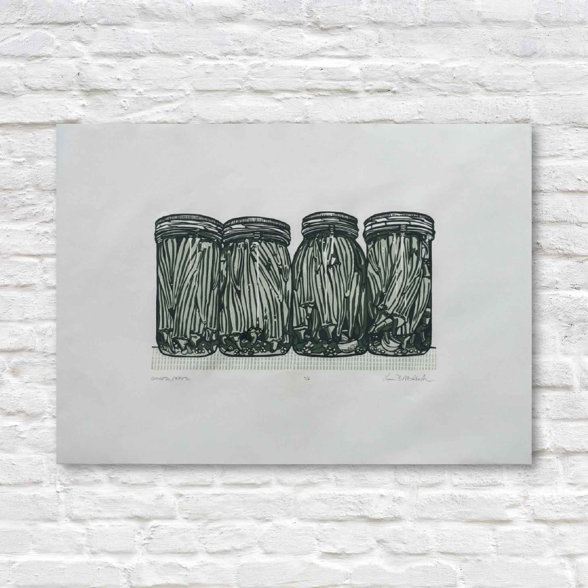 four mason jars of okra linocut