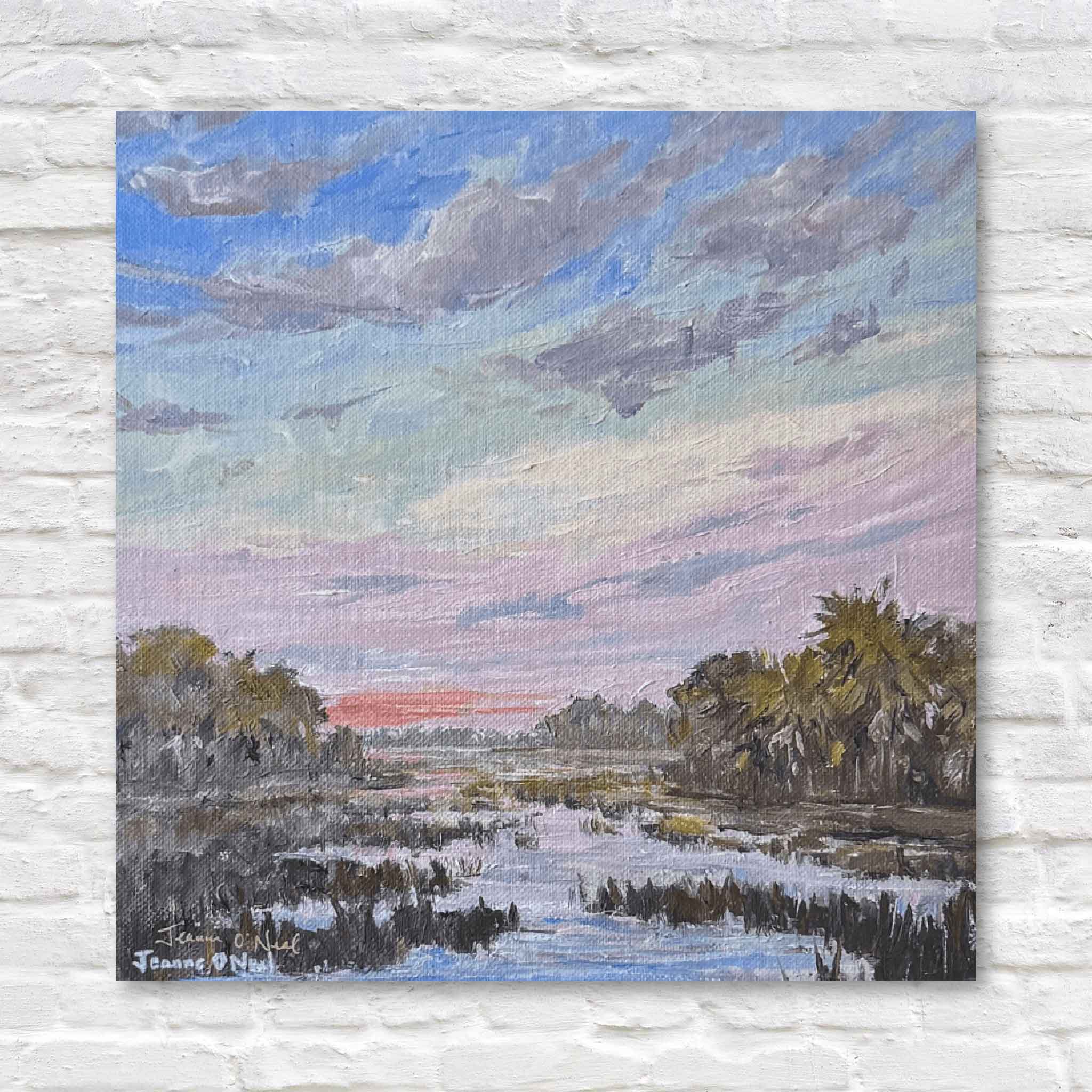 Painting of a landscape with trees and water on a textured white wall.
