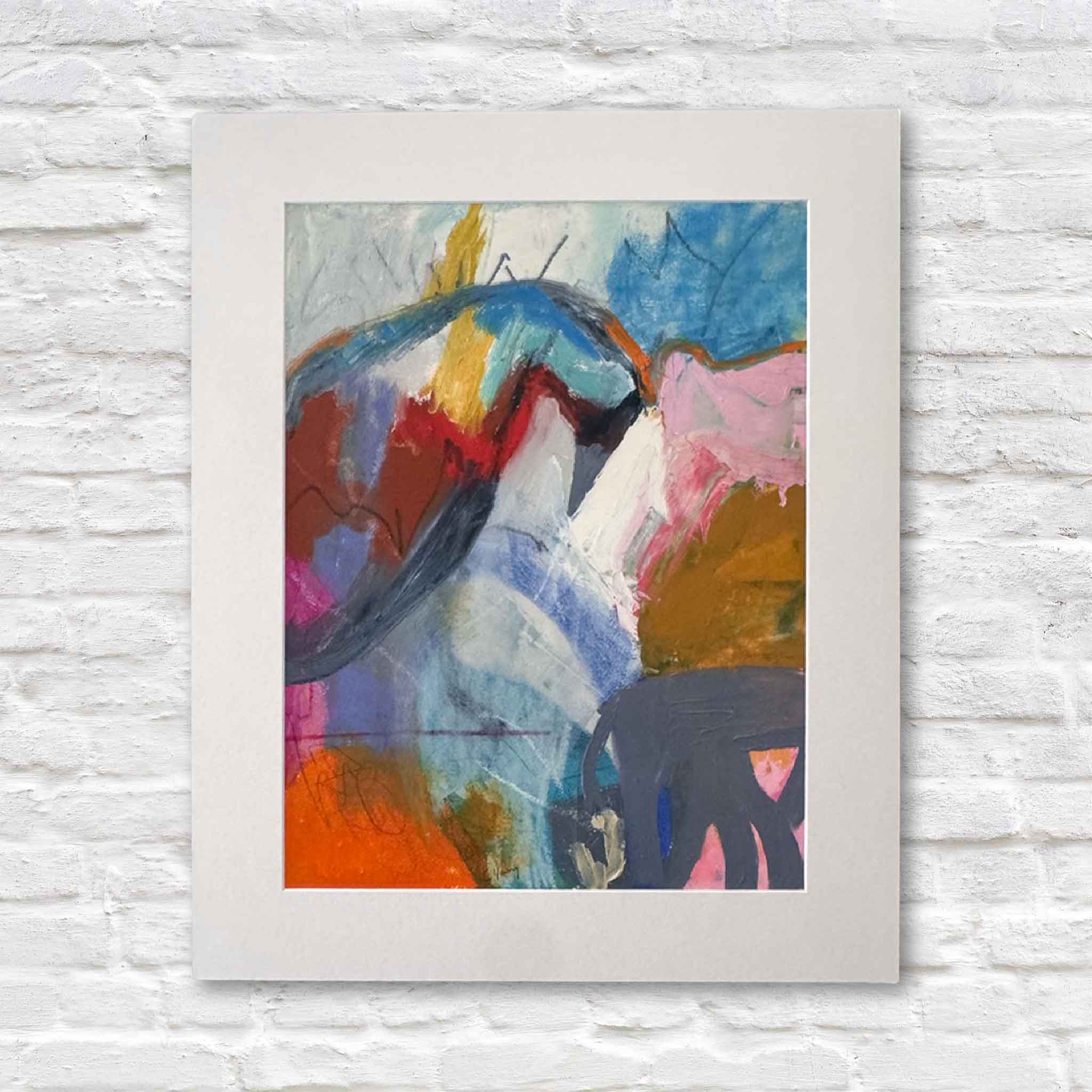 matted abstract painting with colorful brush strokes on a textured white wall.