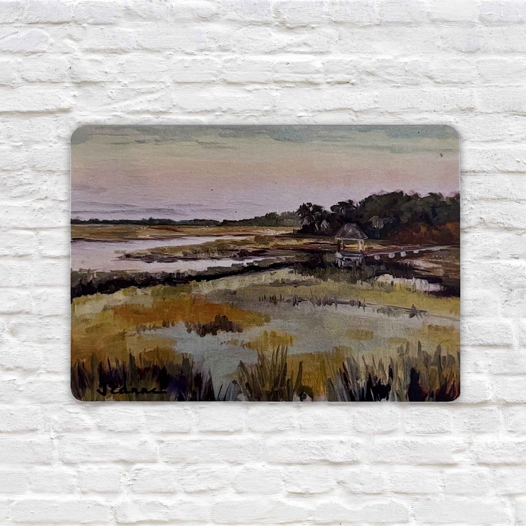 Painting of a landscape with fields and trees on a textured white wall.