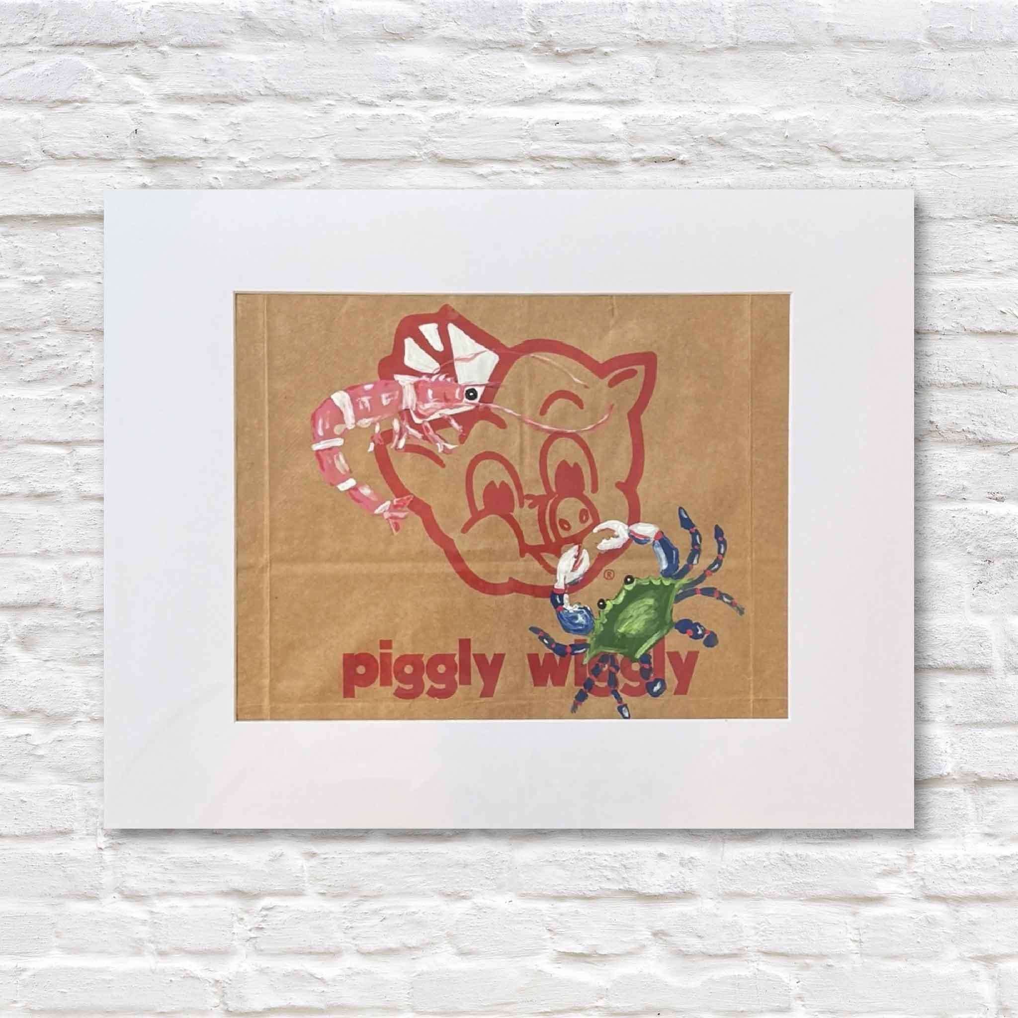 Crab and shrimp painting on local piggly wiggly grocery bag by local artist in Pawleys Island