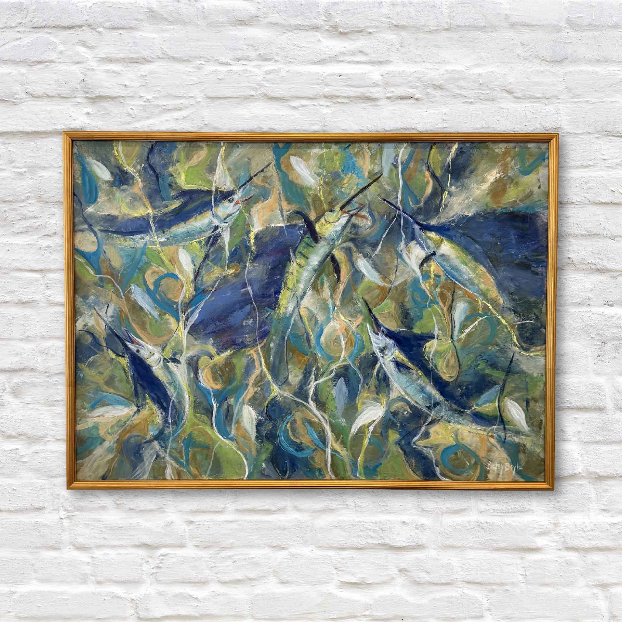 Framed abstract painting of sailfish swimming among seaweed, rendered in bold brushstrokes of blue, green, and white with hints of gold and teal. The artwork has a dynamic, swirling composition