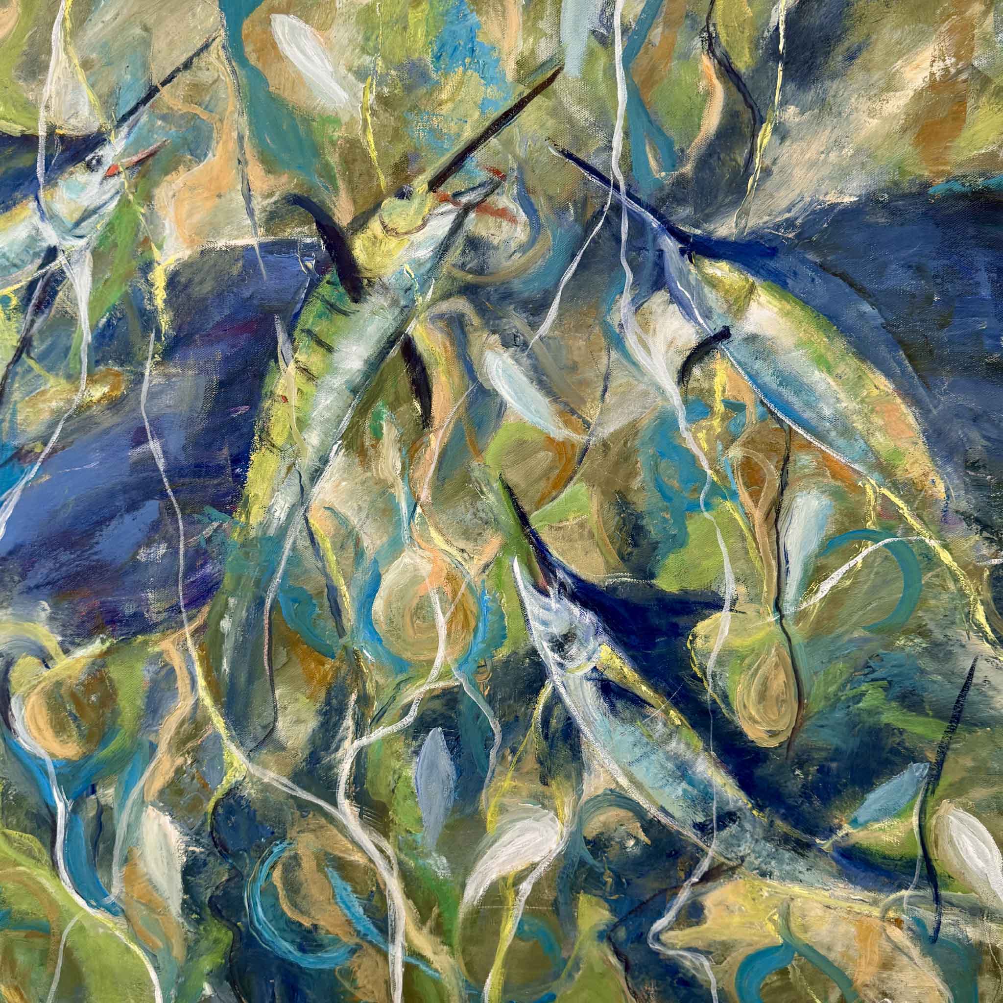 Framed abstract painting of sailfish swimming among seaweed, rendered in bold brushstrokes of blue, green, and white with hints of gold and teal. The artwork has a dynamic, swirling composition