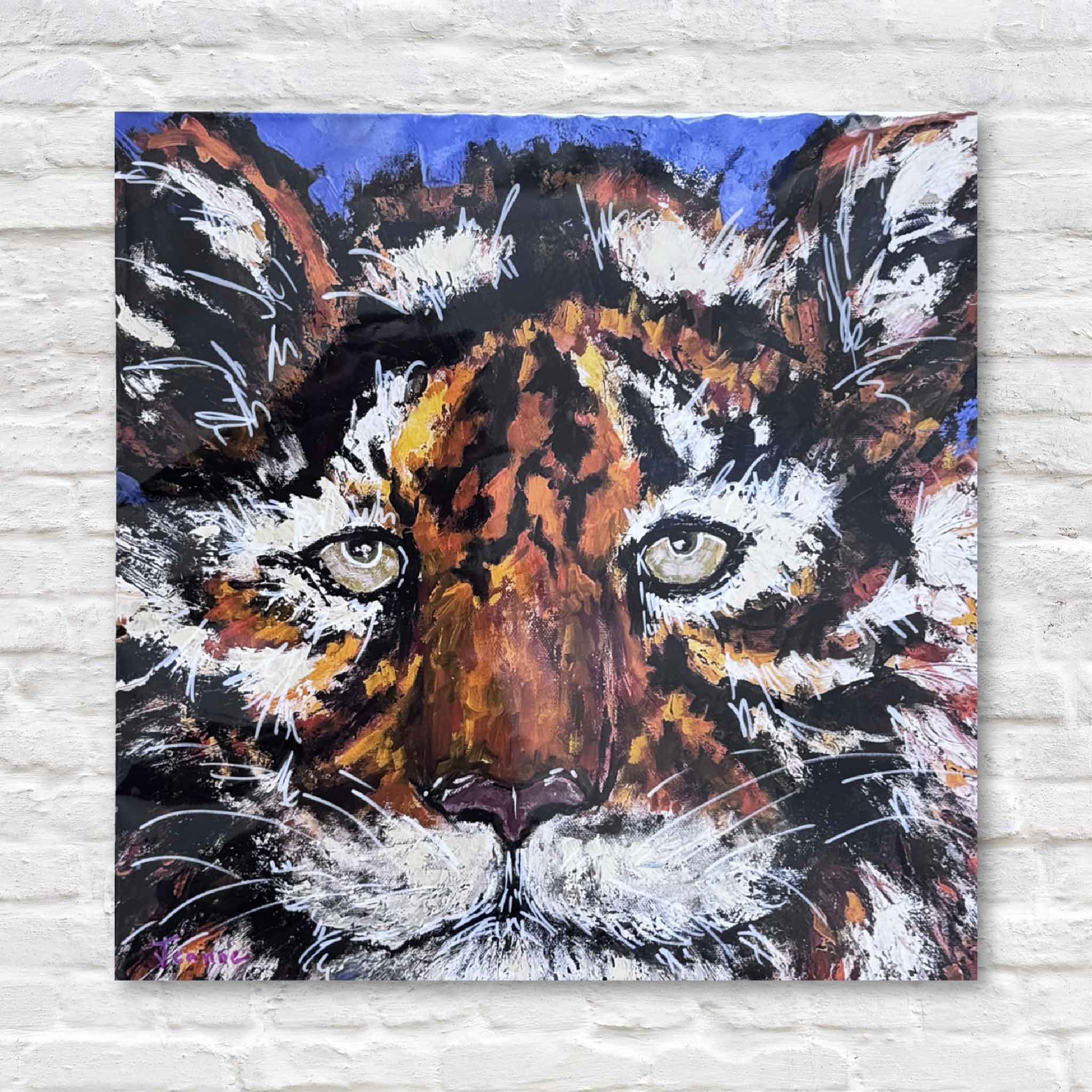 Artistic depiction of a tiger's face on a textured wall background
