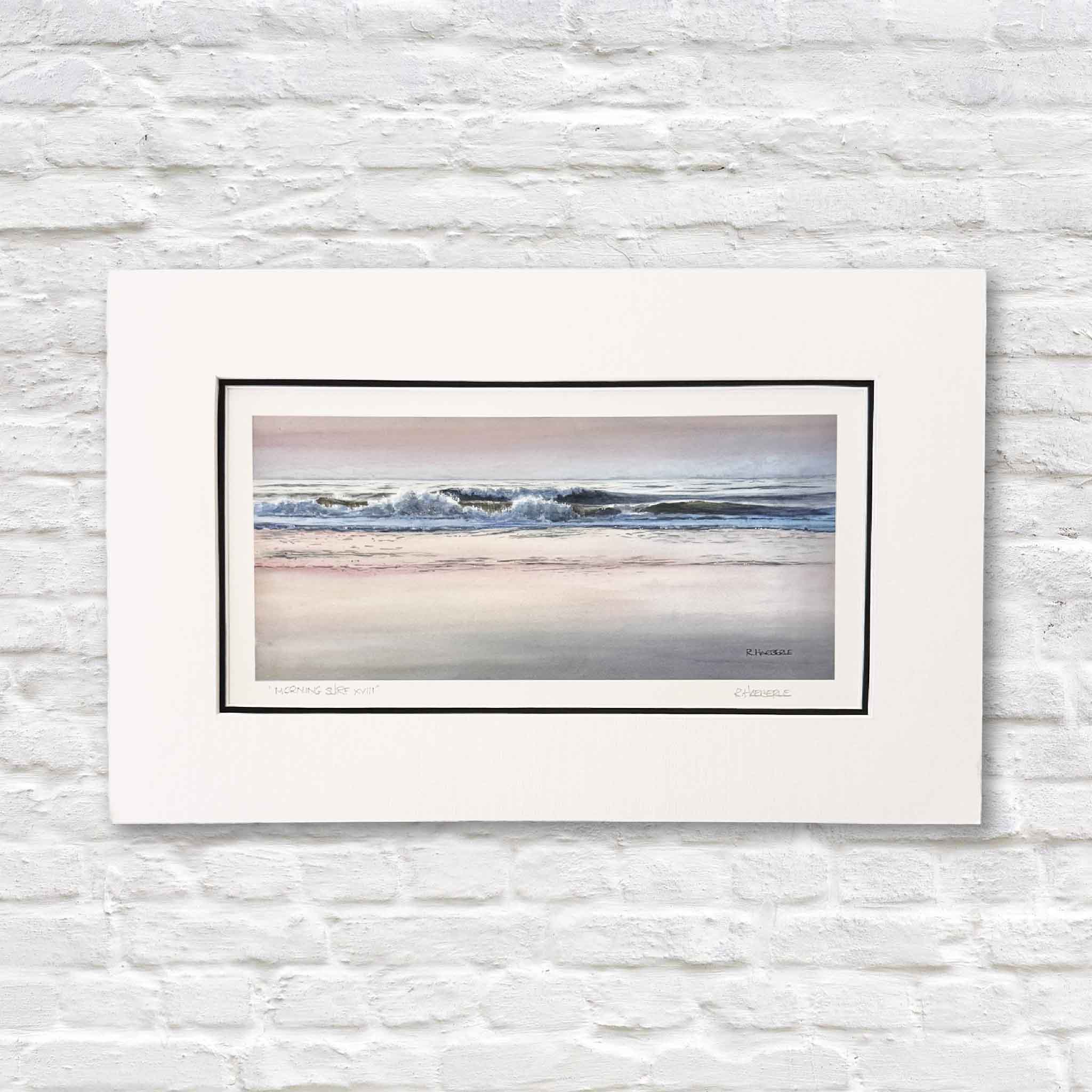 artwork that captures beauty of the shoreline at daybreak, where gentle waves roll in beneath a sky washed in soft pastels
