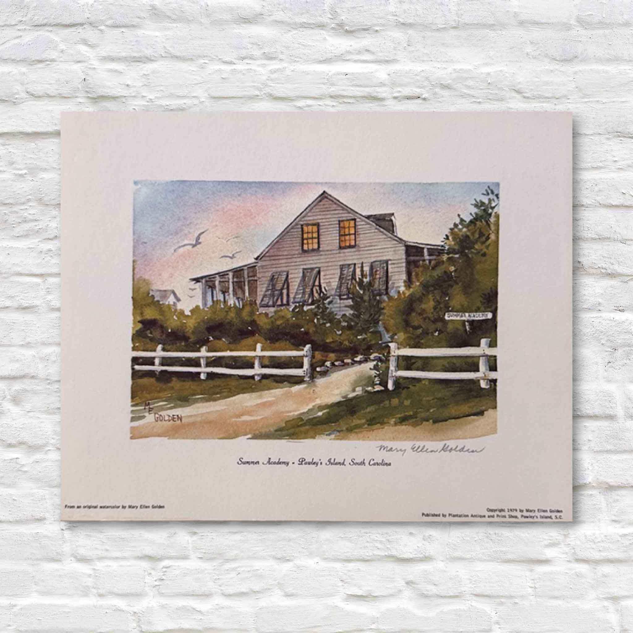 Print of a house with a white picket fence on a textured white background