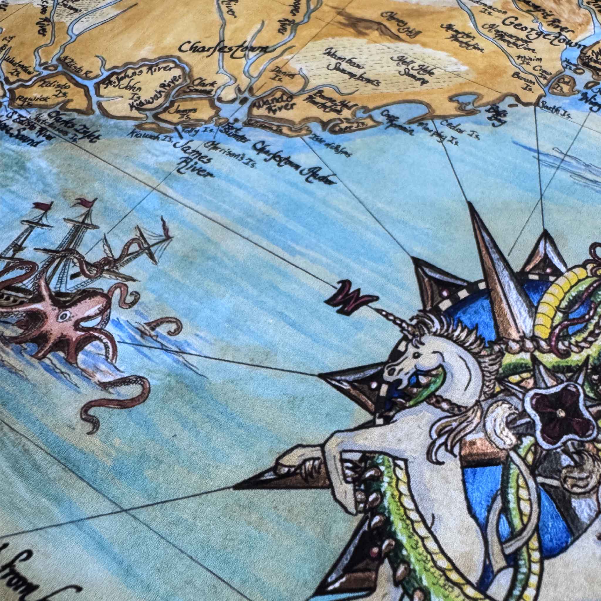 Cartoonish depiction of a unicorn-like creature with a trident, surrounded by an octopus and ships on a stylized map.
