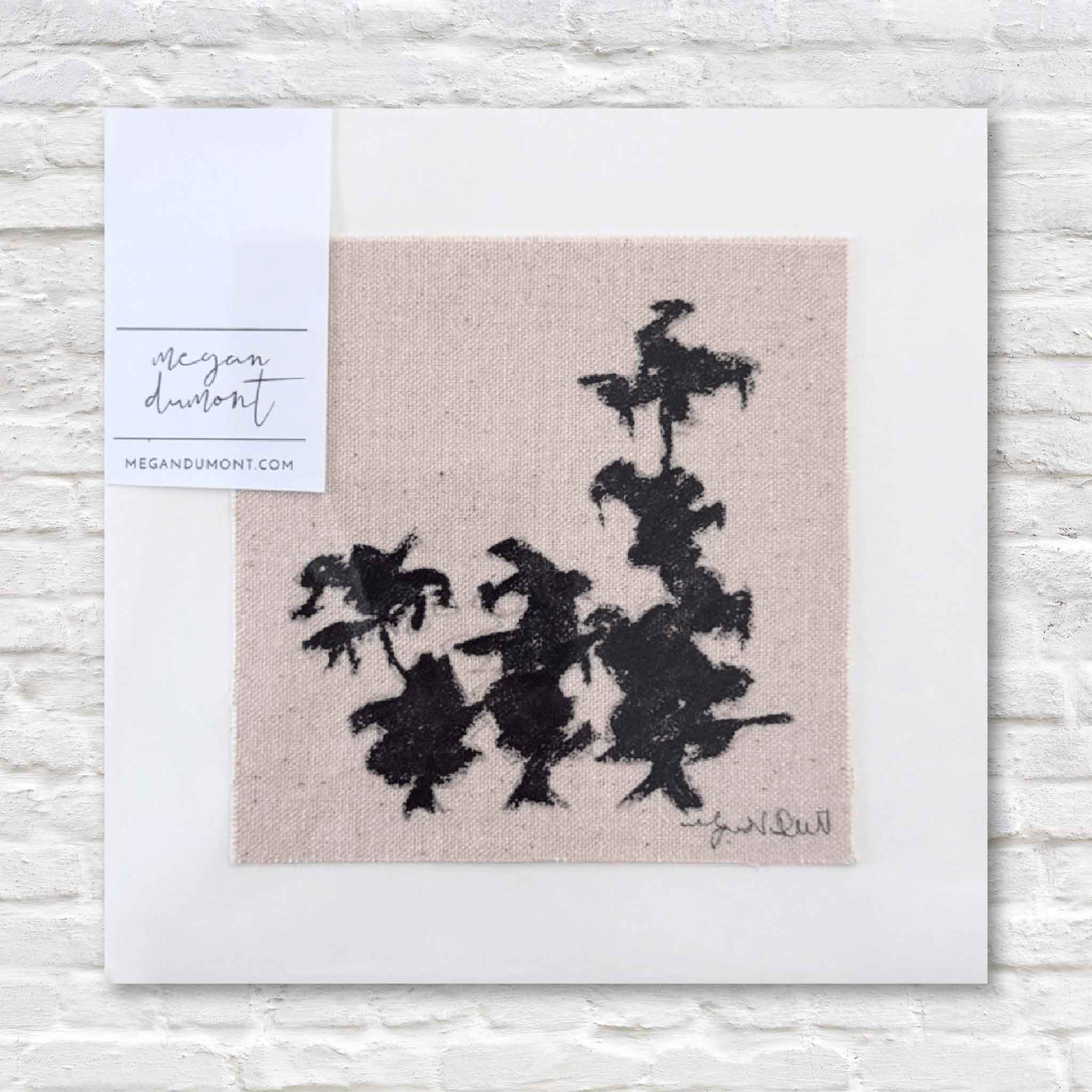 Black abstract art on canvas with a white border and 'Megan Dumont' label.