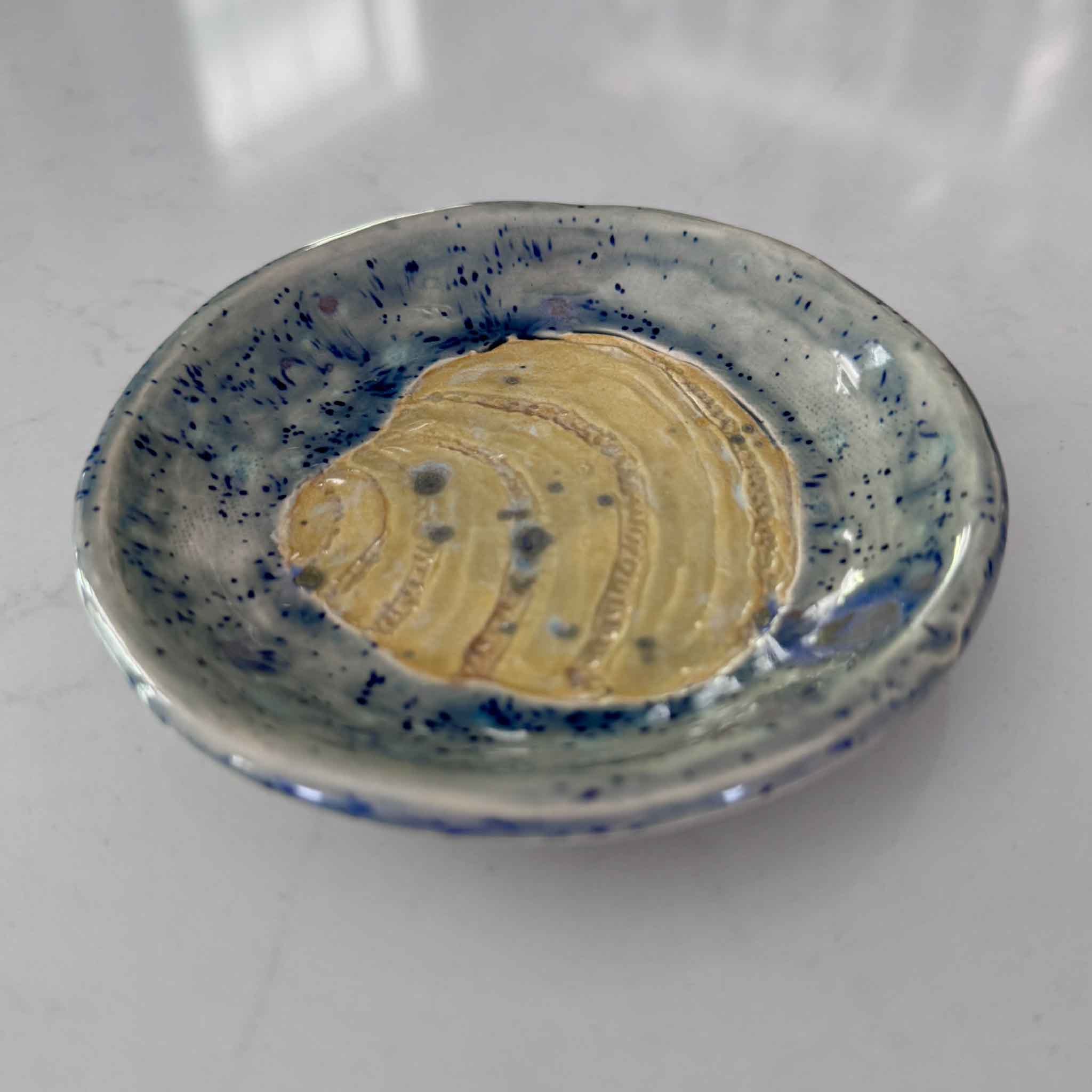 blue pottery dish with pawleys island shell design