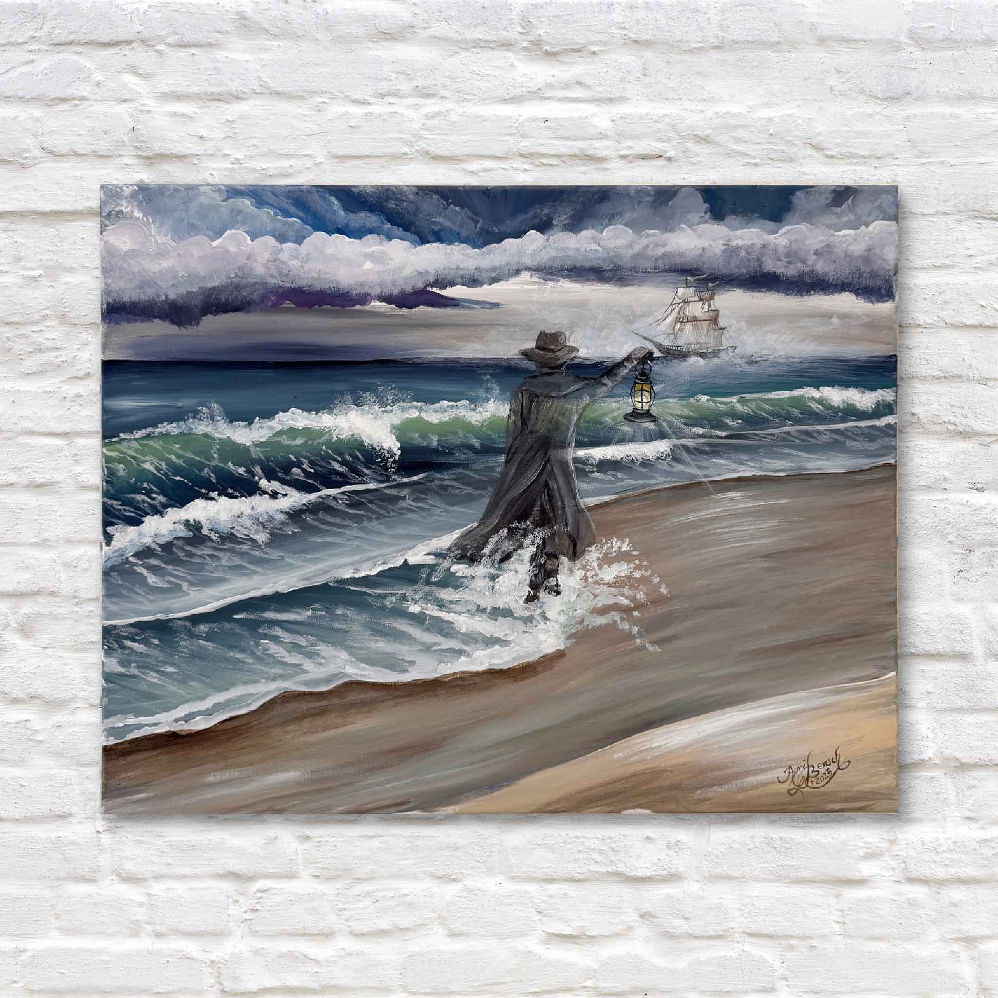 Signed acrylic painting of a seascape and the gray man carrying a lantern heading towards a ship in the ocean on a white brick wall