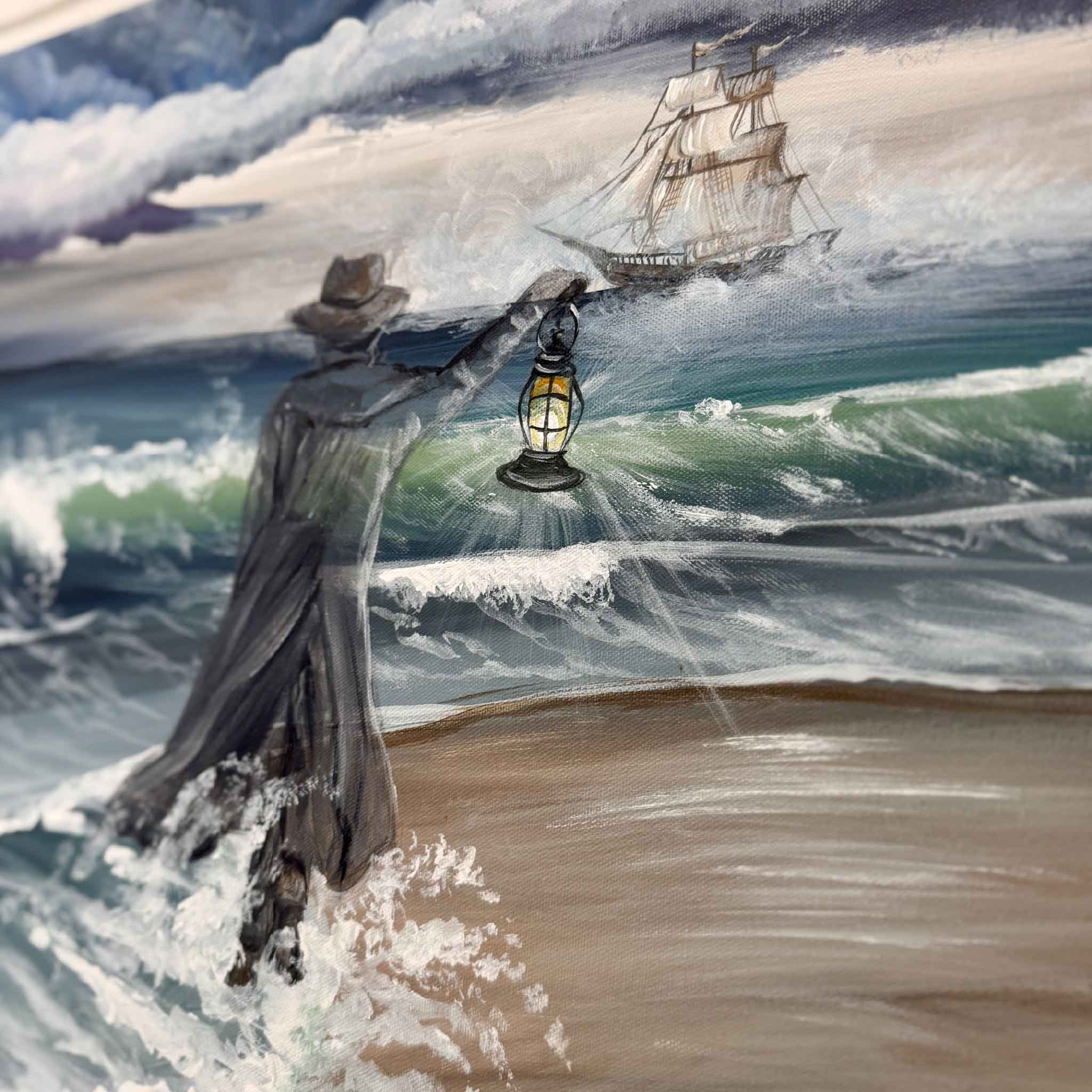 Acrylic painting of a seascape and the gray man carrying a lantern heading towards a ship in the ocean