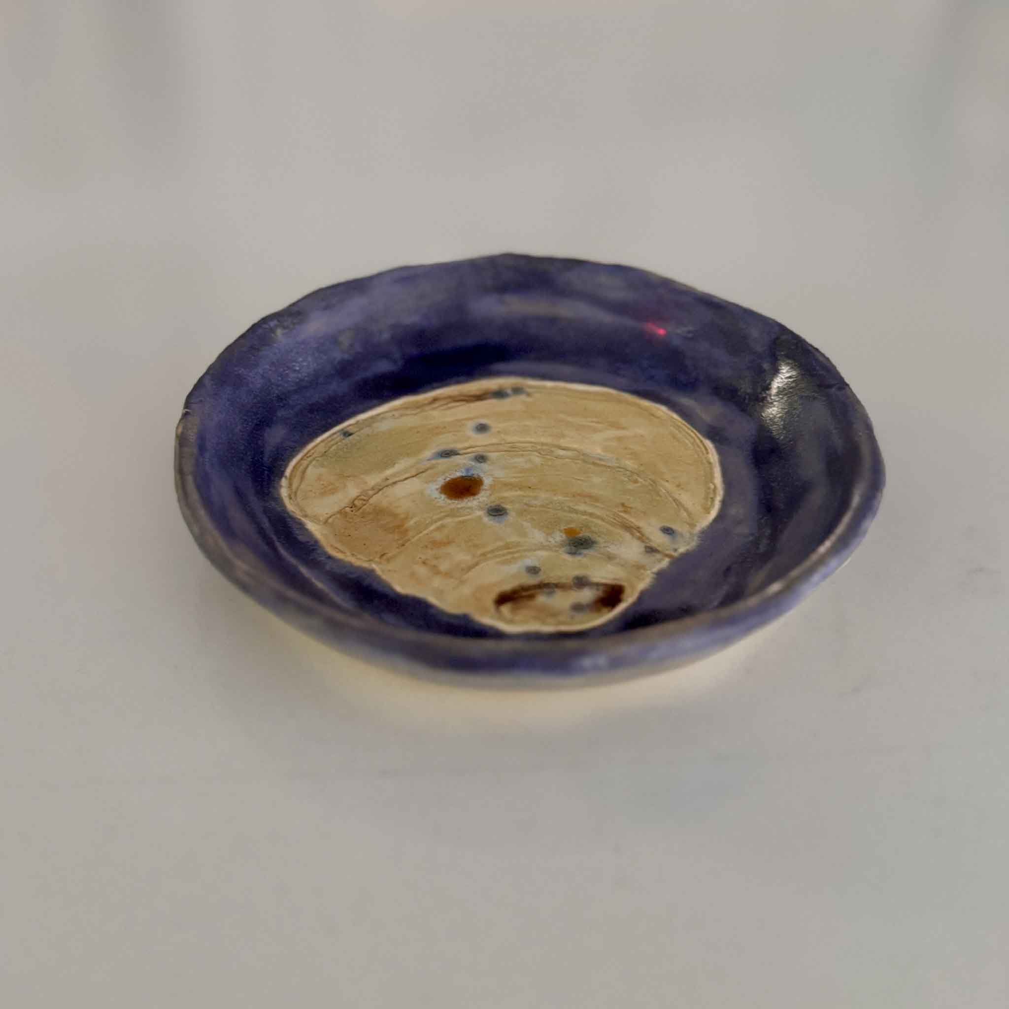blue pottery dish with pawleys island shell in center