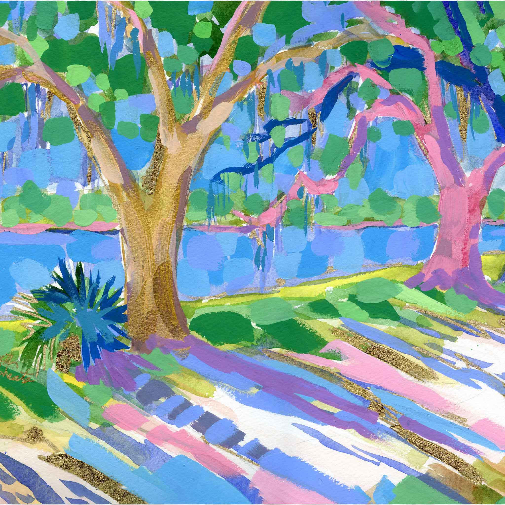 Colorful landscape painting with trees and a path