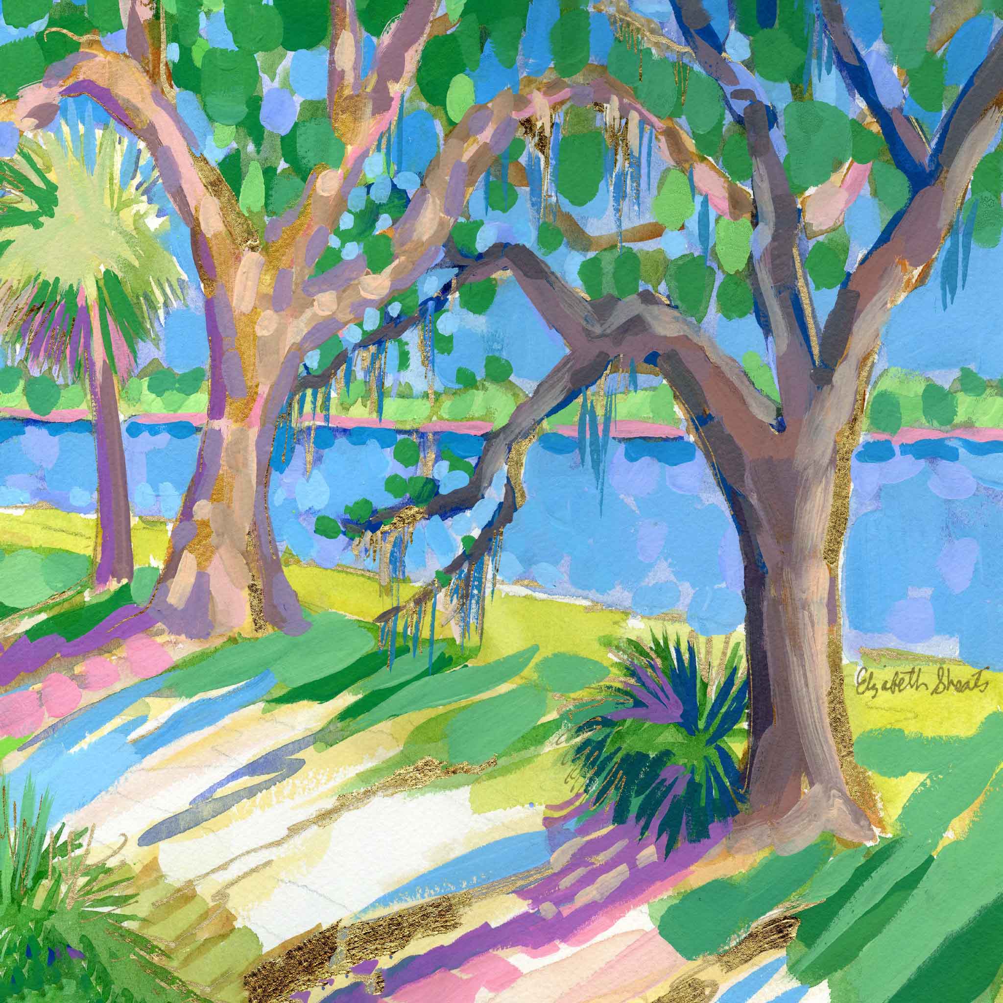 Colorful painting of trees and a landscape
