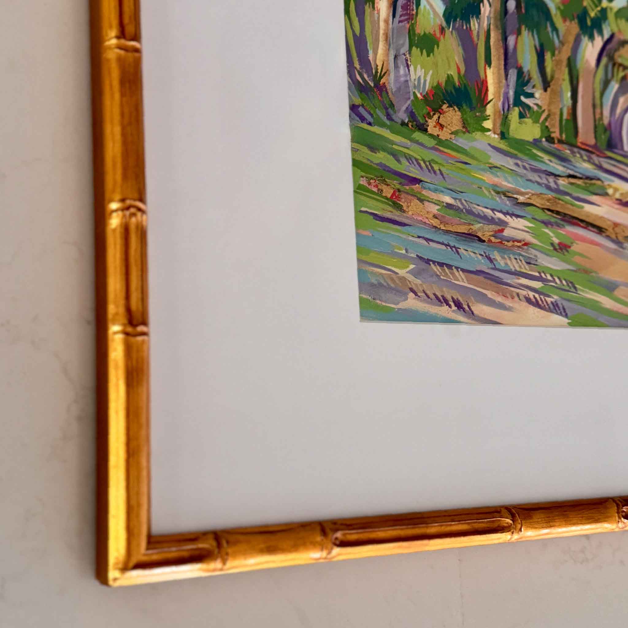 Bamboo gold framed mixed media artwork of colorful lowcountry trees