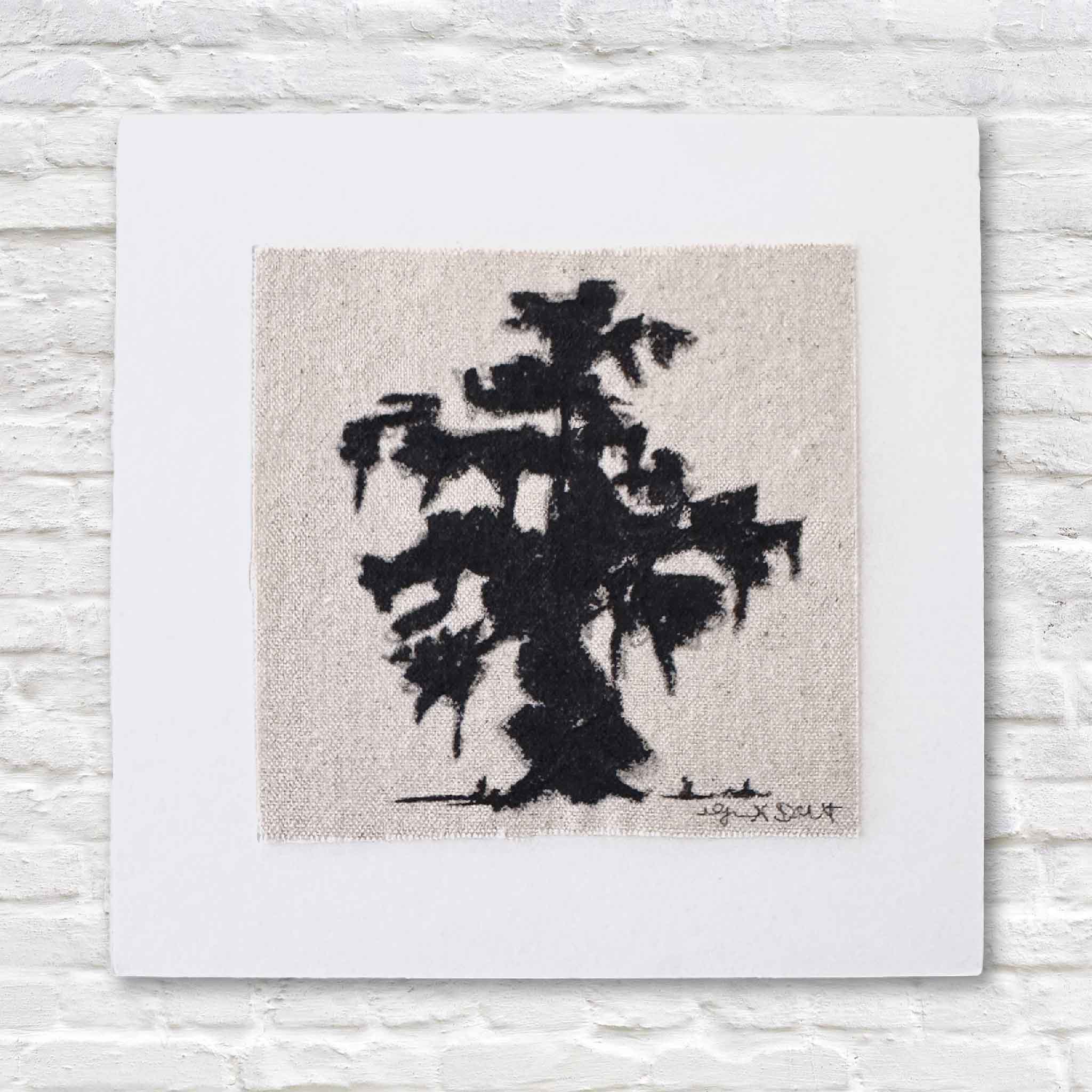Minimalist black ink silhouette of a coastal tree with draping Spanish moss, painted on natural linen and mounted on a white mat.