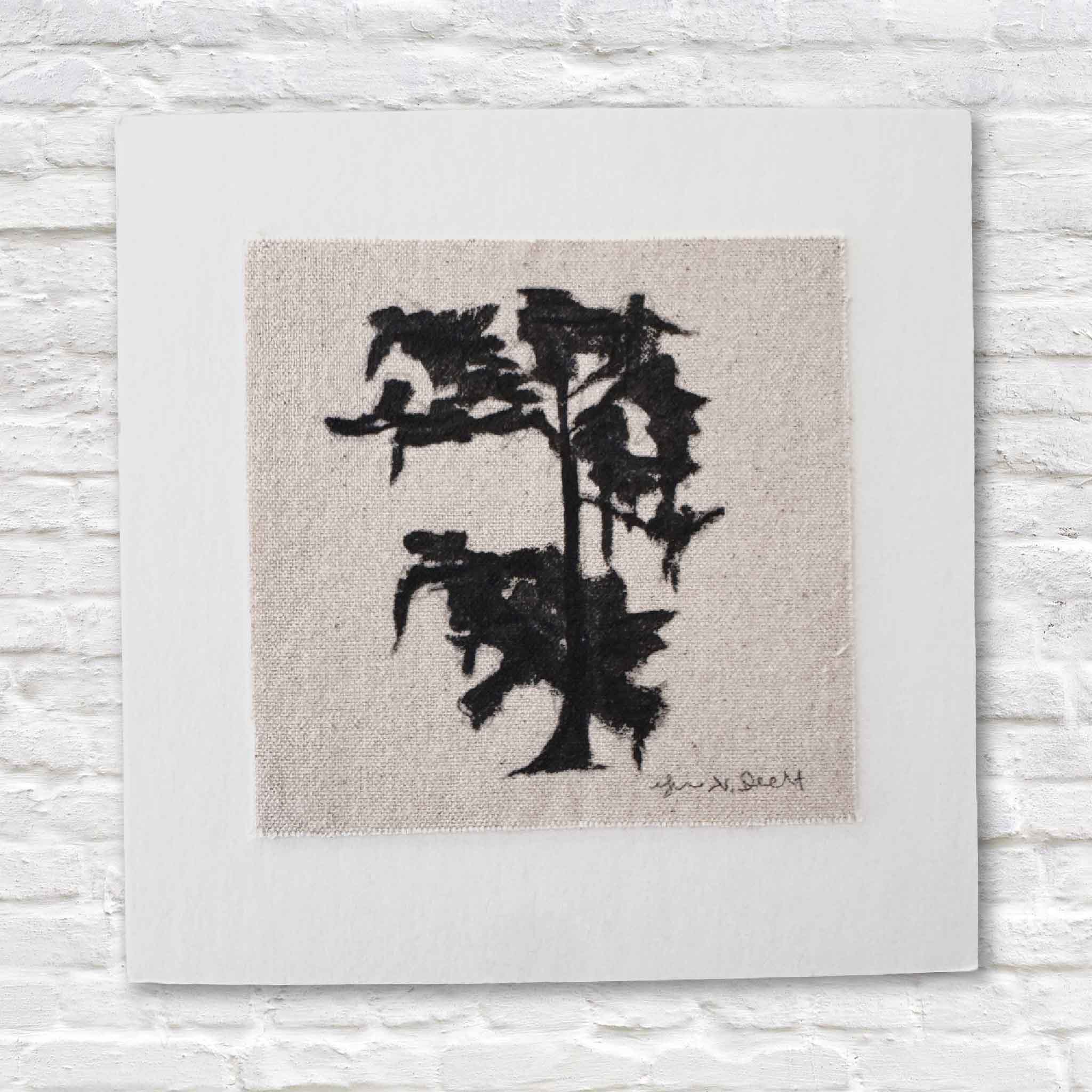 Minimalist black ink silhouette of a coastal tree with draping Spanish moss, painted on natural linen and mounted on a white mat.