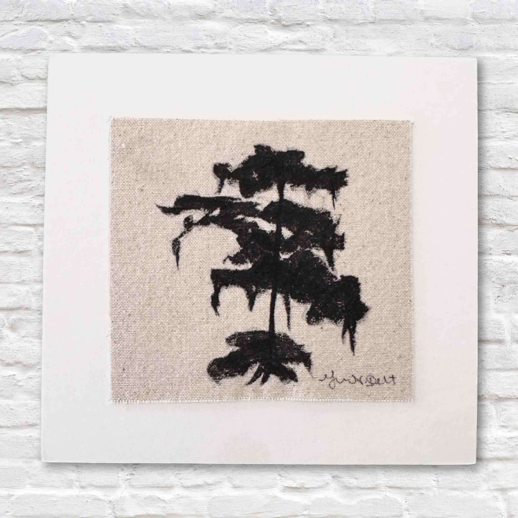 Minimalist black ink silhouette of a coastal tree with draping Spanish moss, painted on natural linen and mounted on a white mat.