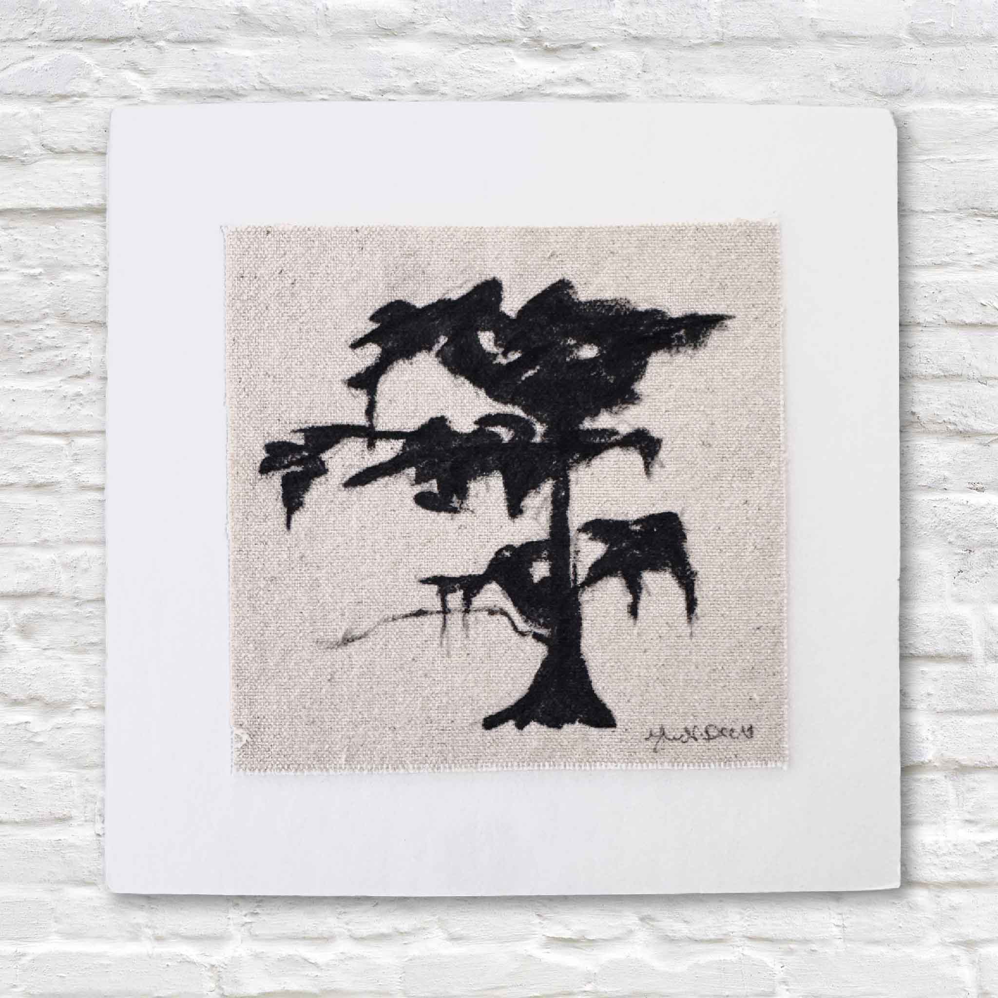 Minimalist black ink silhouette of a coastal tree with draping Spanish moss, painted on natural linen and mounted on a white mat.