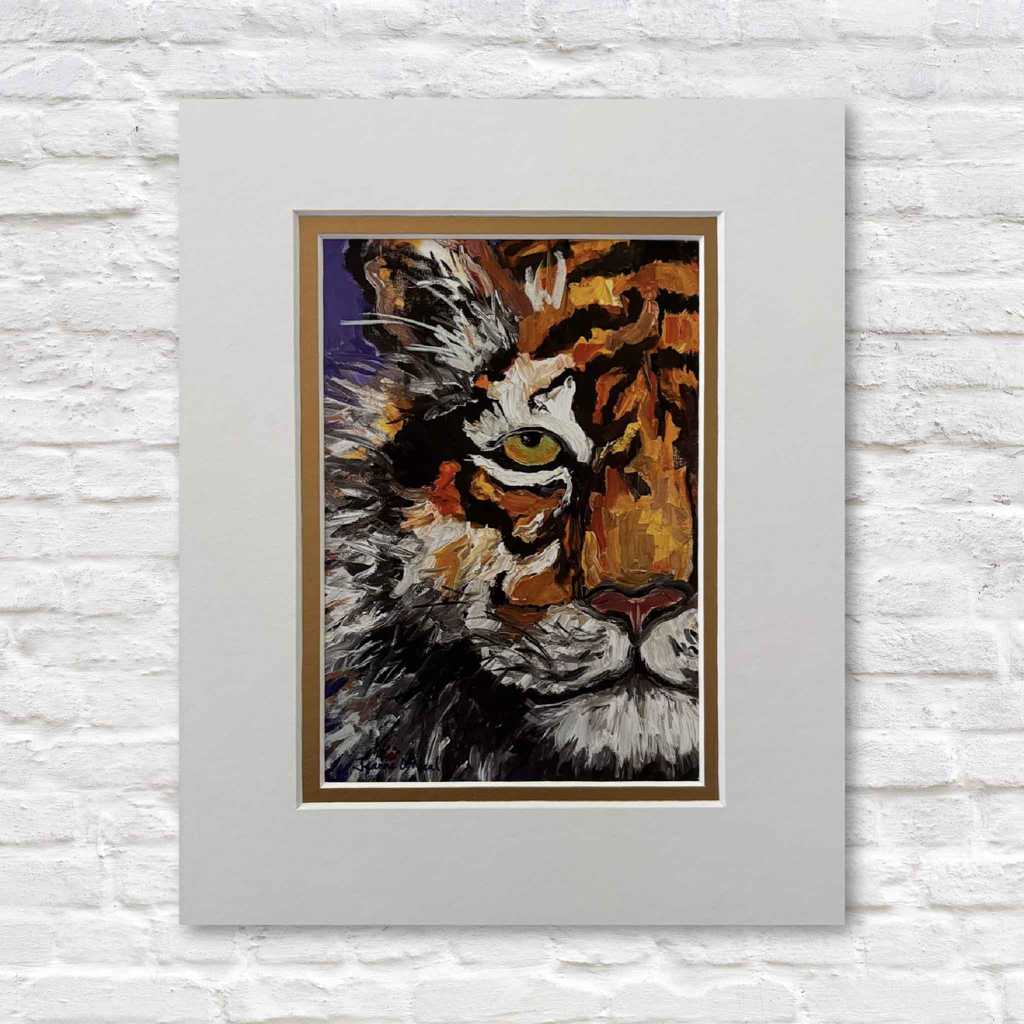 matted painting of a Clemson tiger's face on a textured white wall. All in!