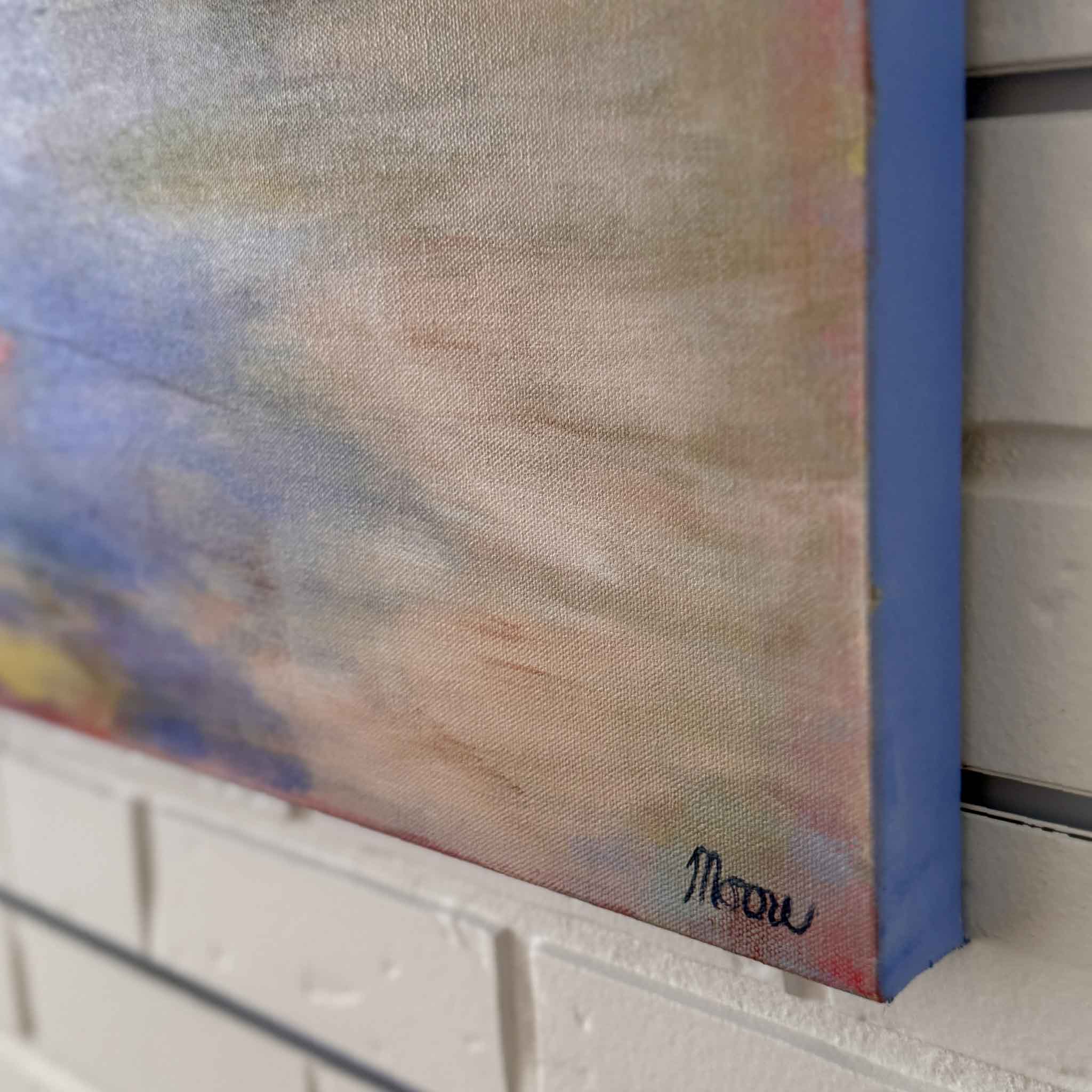 Artistic painting with a signature on a textured surface