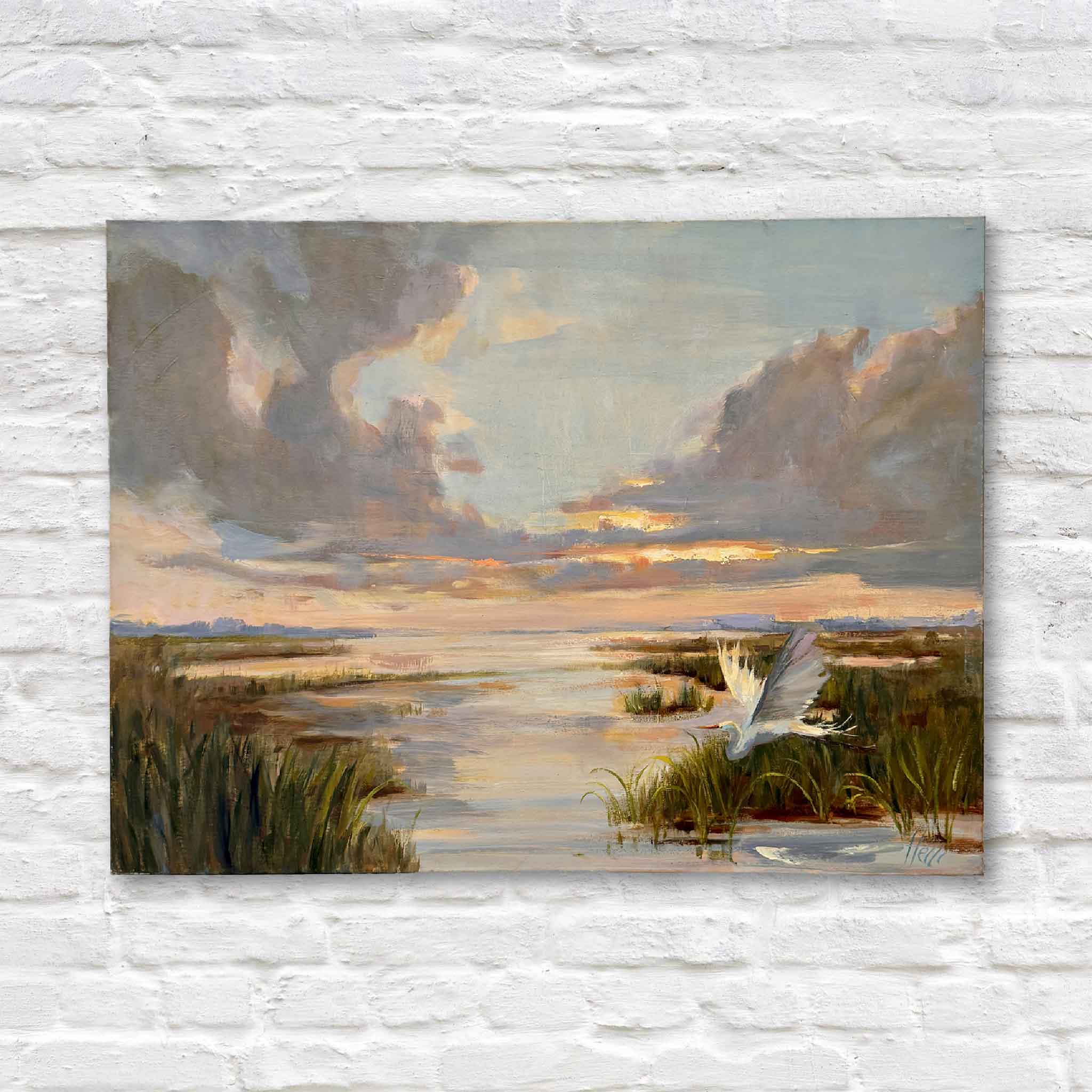 Painting of a bird over water with a sunset sky on a textured white wall.