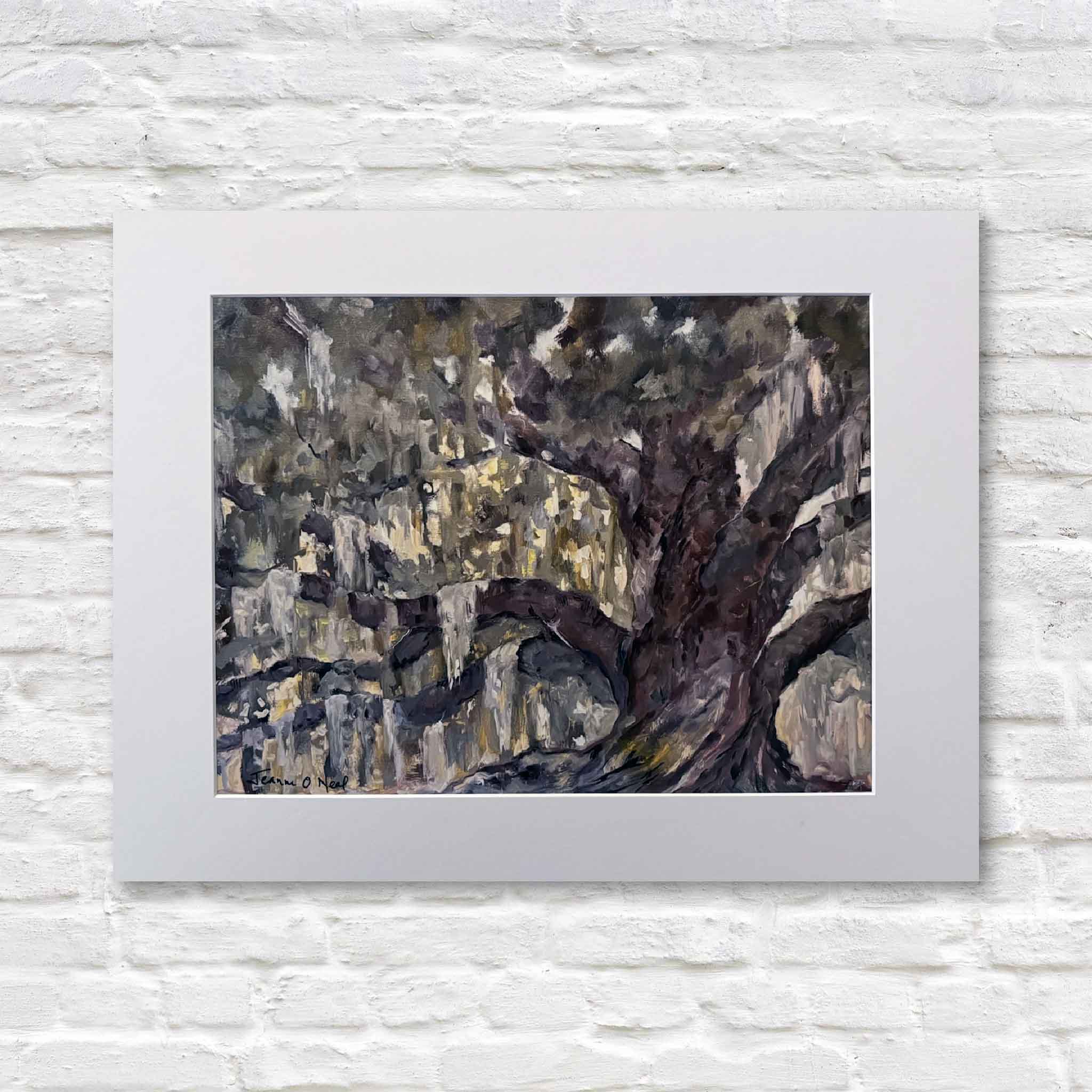 Matted art print of Jeanne O’Neal’s Deep Roots featuring a textured Lowcountry oak tree with strong, twisting branches in earthy brown and gray tones.