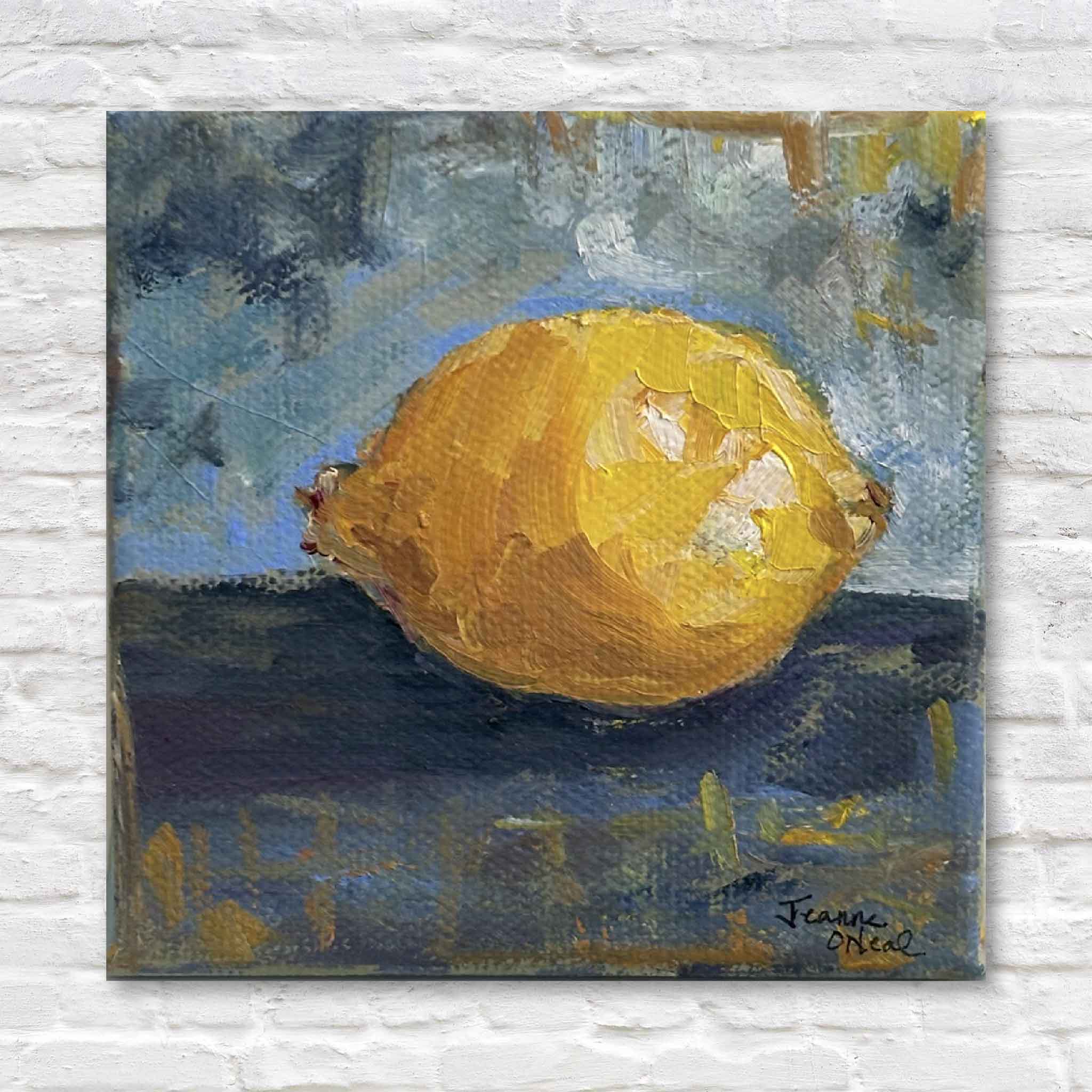 Bright lemon oil painting by Lowcountry artist Jeanne O’Neal, 4x4 still life gallery-wrapped