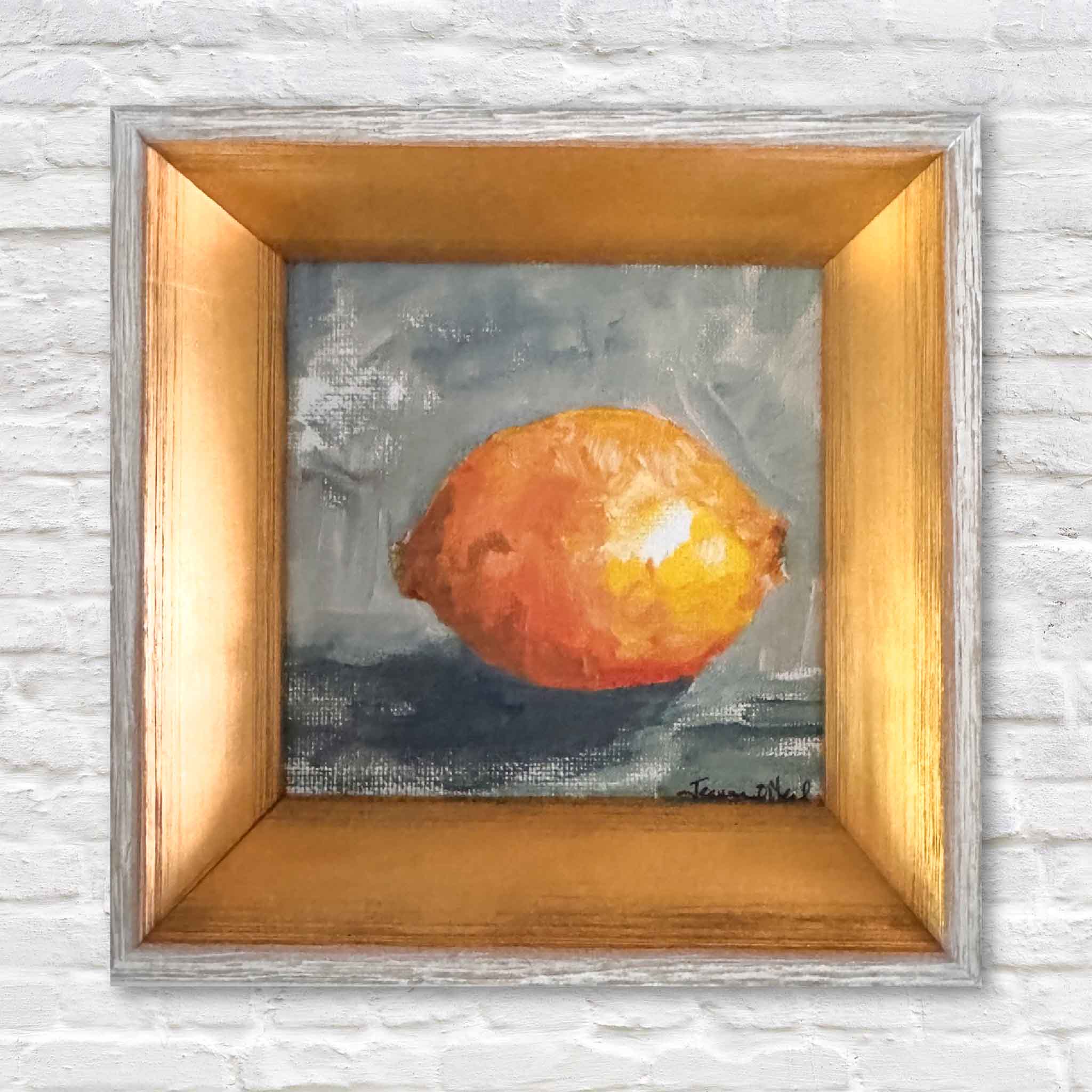 Bright lemon oil painting by Lowcountry artist Jeanne O’Neal, 4x4 still life in frame
