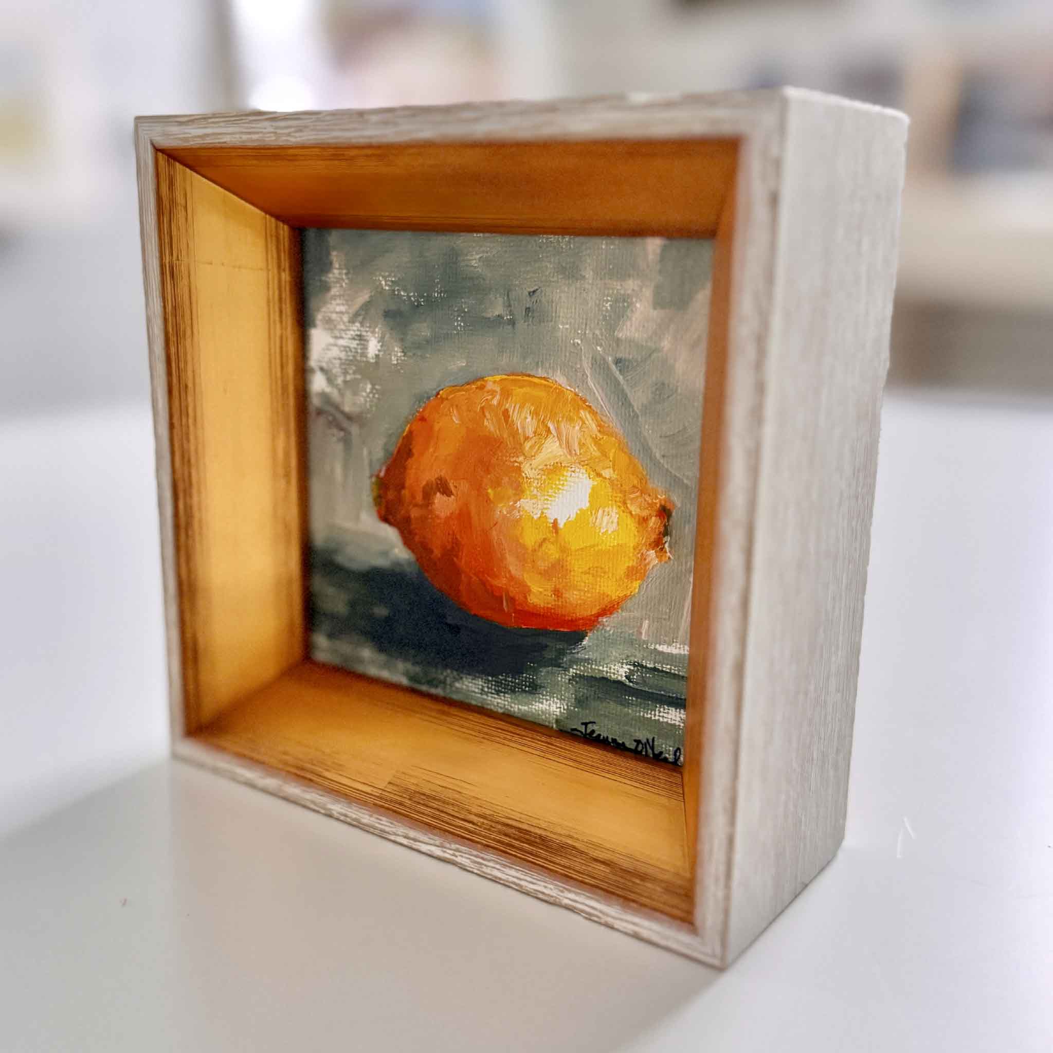 Bright lemon oil painting by Lowcountry artist Jeanne O’Neal, 4x4 still life in frame