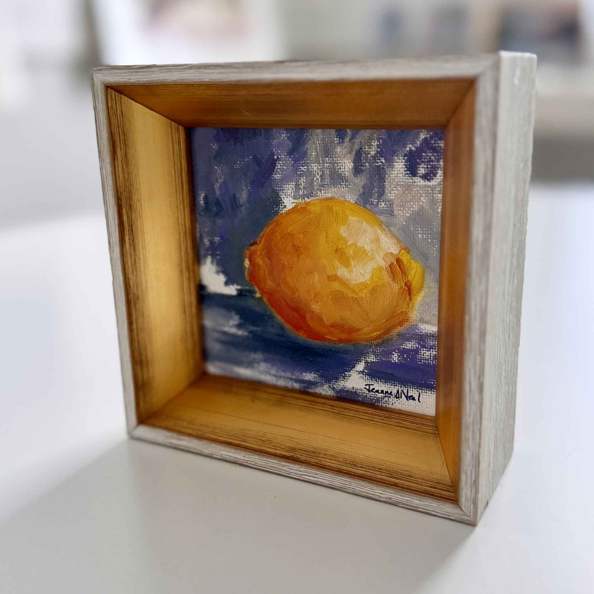 Bright lemon oil painting by Lowcountry artist Jeanne O’Neal, 4x4 still life in frame