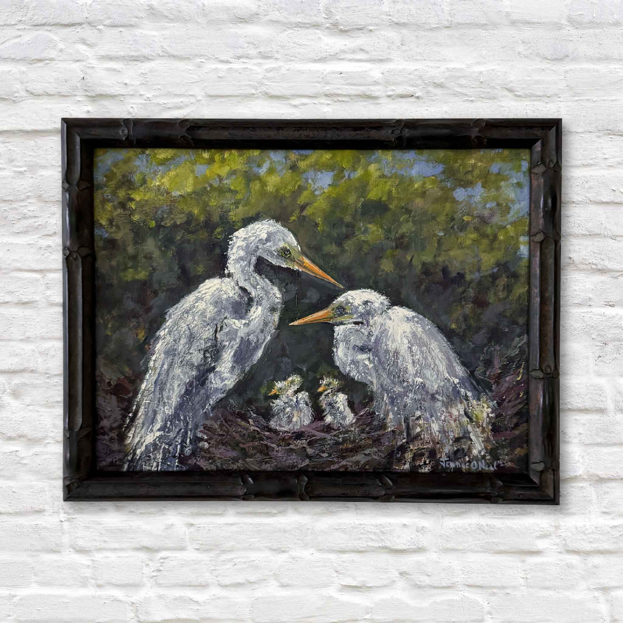 Original oil painting “Party of Five” by Jeanne O’Neal featuring five white egrets in a nest against a green background, framed and displayed on a wall.
