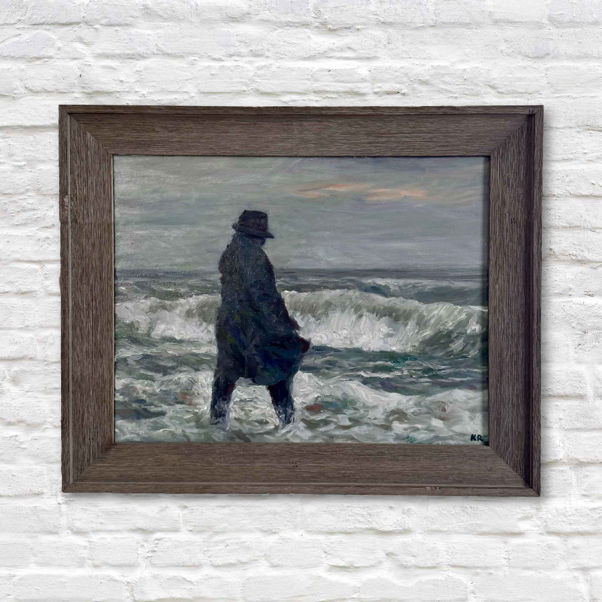 The Gray Man oil painting by Kathy Robinson, depicting the legendary coastal ghost standing in stormy waves along Pawleys Island beach. Framed in dark wood, this moody Lowcountry seascape artwork captures the folklore and mystery of South Carolina’s coast.