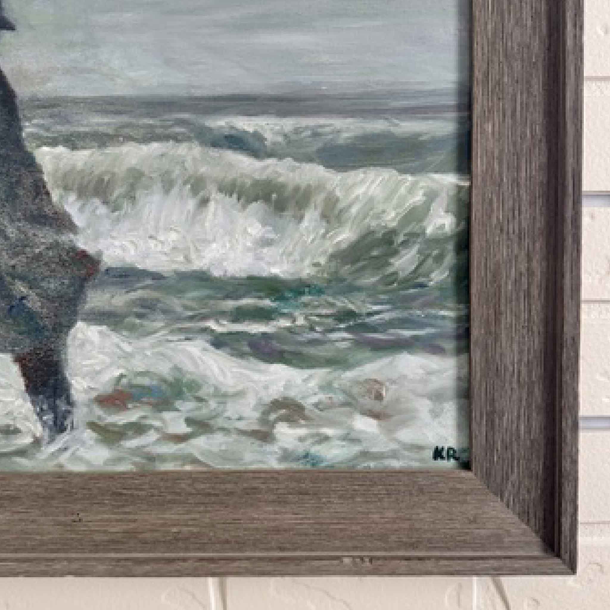 The Gray Man oil painting by Kathy Robinson, depicting the legendary coastal ghost standing in stormy waves along Pawleys Island beach. Framed in dark wood, this moody Lowcountry seascape artwork captures the folklore and mystery of South Carolina’s coast.