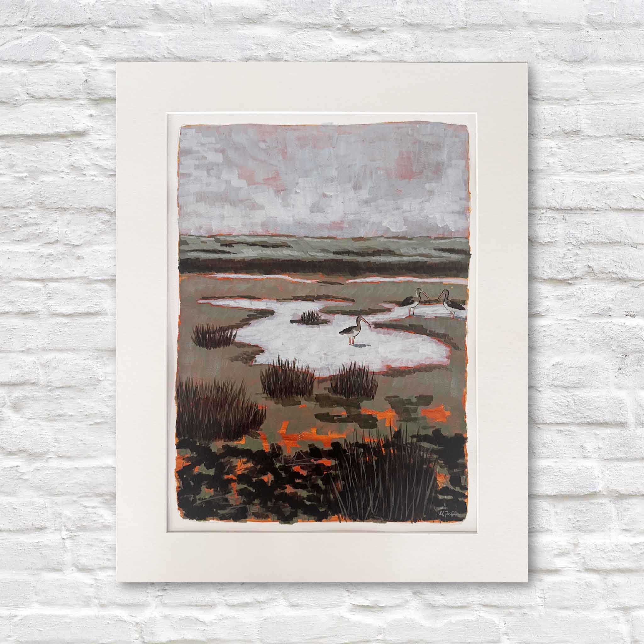 Original acrylic painting Ibis at North Inlet by South Carolina artist Maggie Pelton, coastal marsh scene with white ibis birds in Georgetown, SC, matted to 22x28 inches, available at Gray Man Gallery